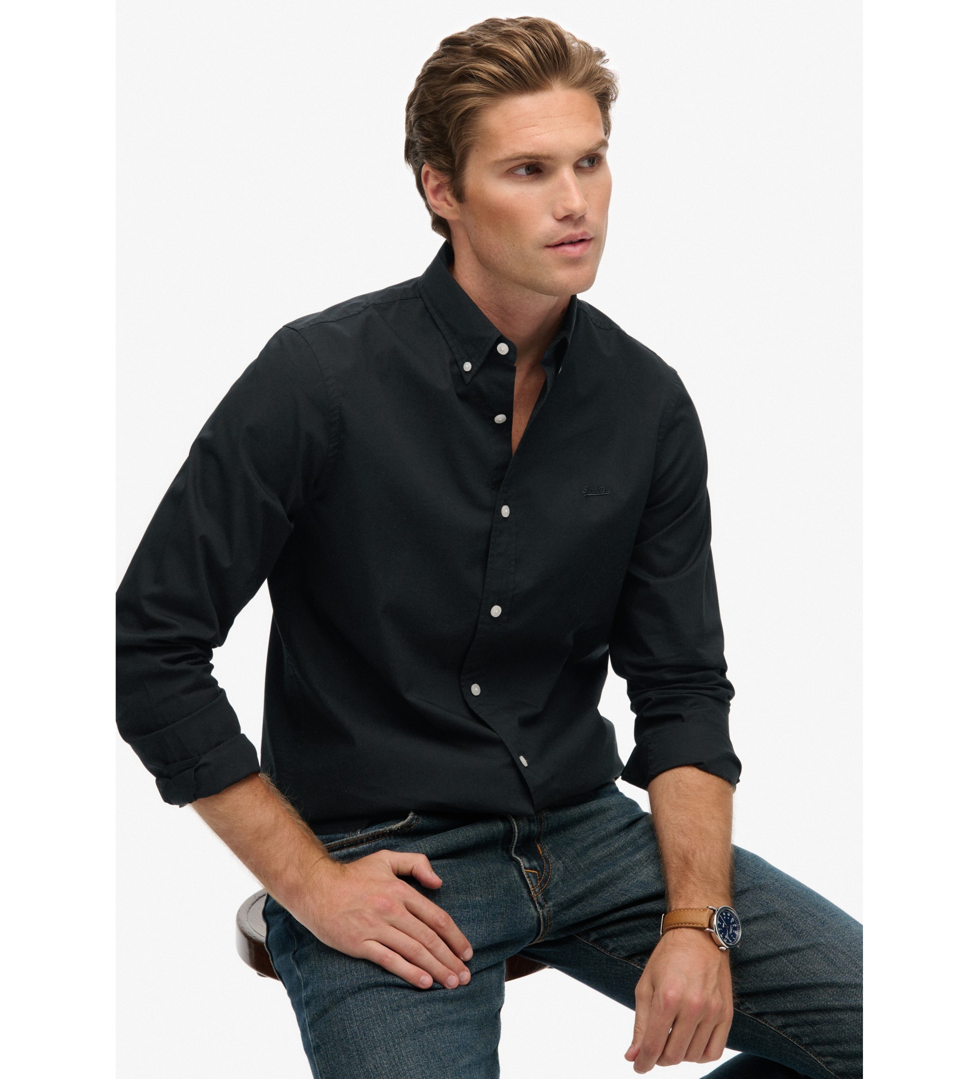 Superdry für Herren. M4011064A Essentials Tailored Lite Hemd schwarz (XXL), Baumwolle, Klassisch, Langarm