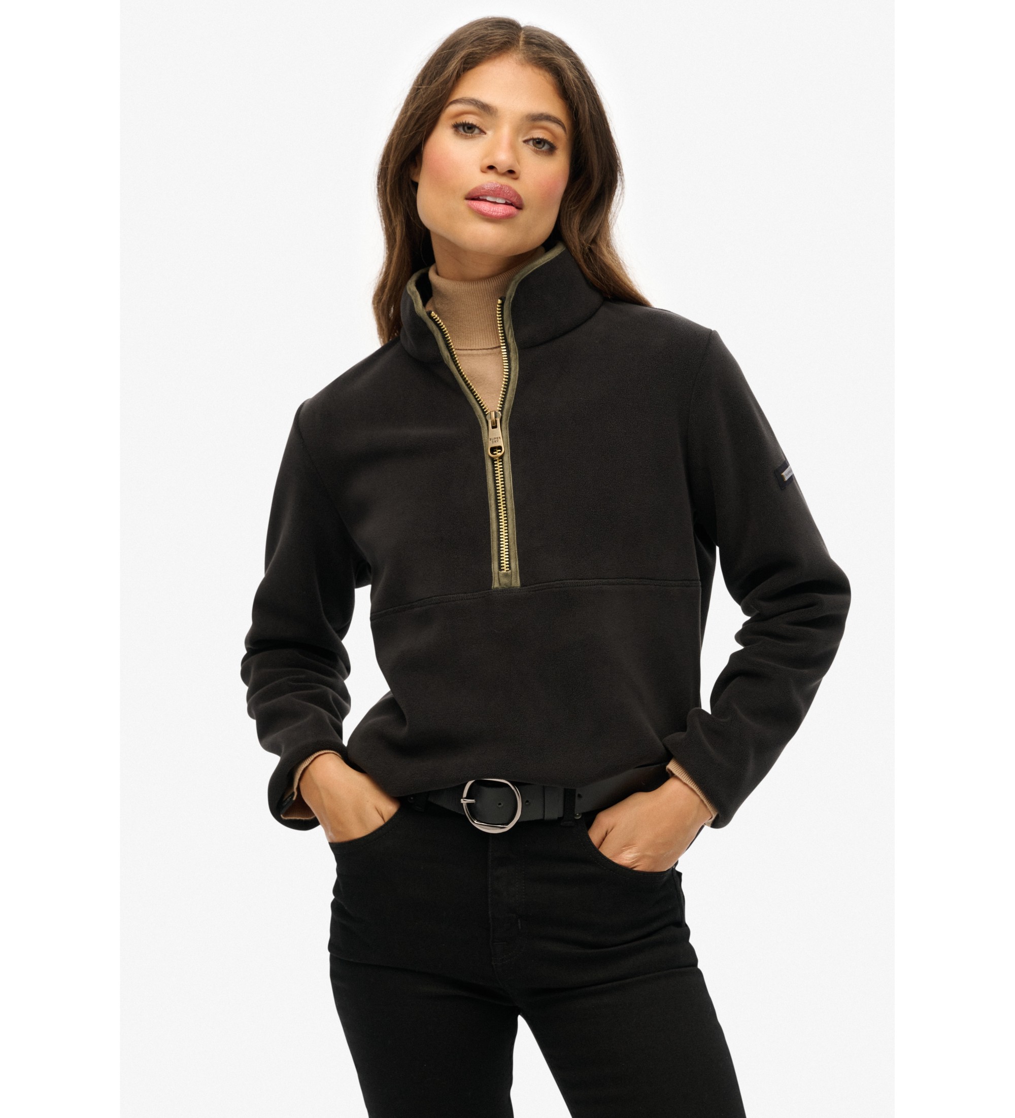 Superdry für Damen. W2012337A Estate Fleece Half Zip Fleece schwarz (XL), Lässig, Recyceltes Polyester, Nachhaltig