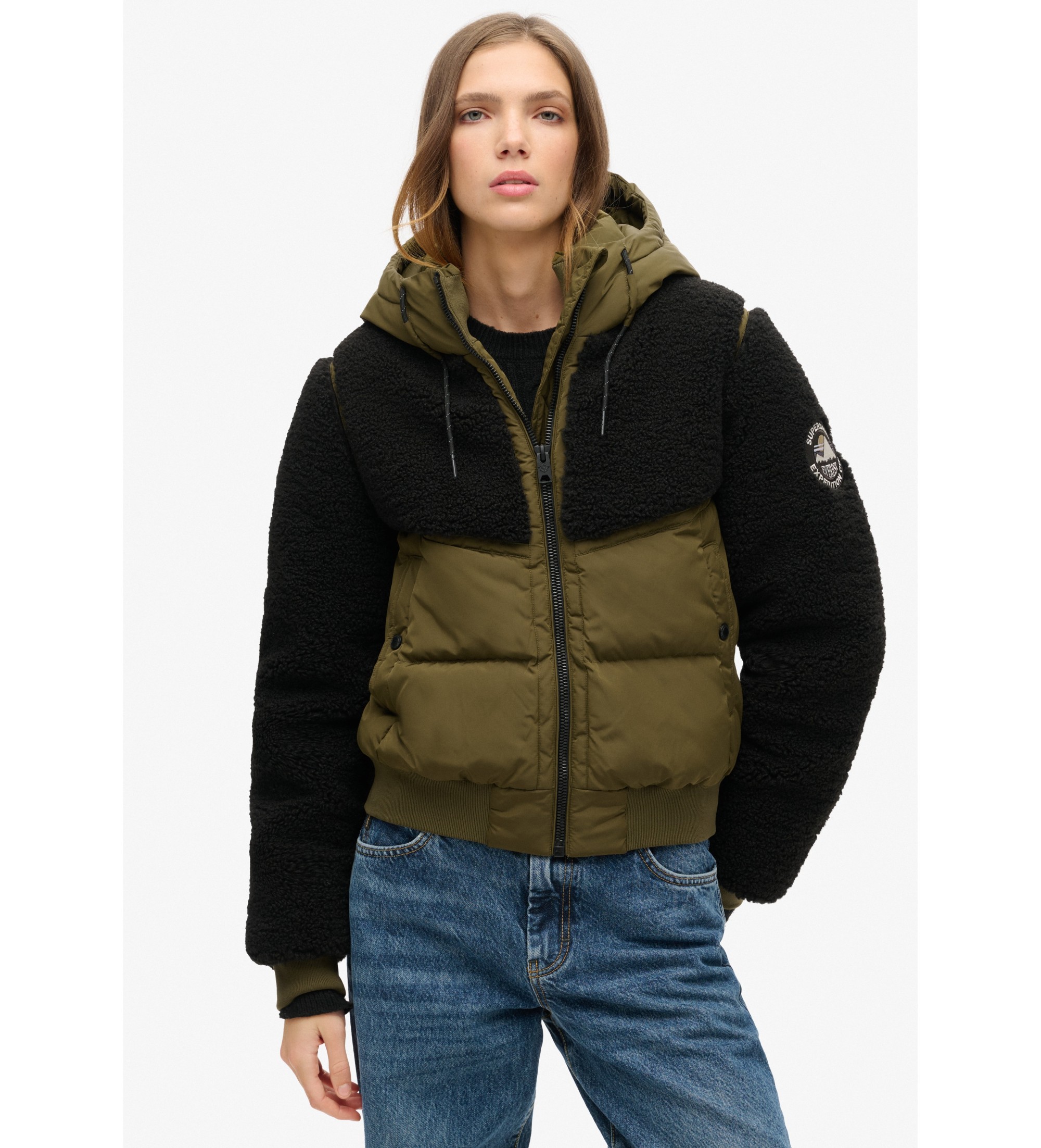 Superdry für Damen. W5011758A Everest Hybrid-Bomberjacke grün (L), Lässig, Polyester, Nachhaltig