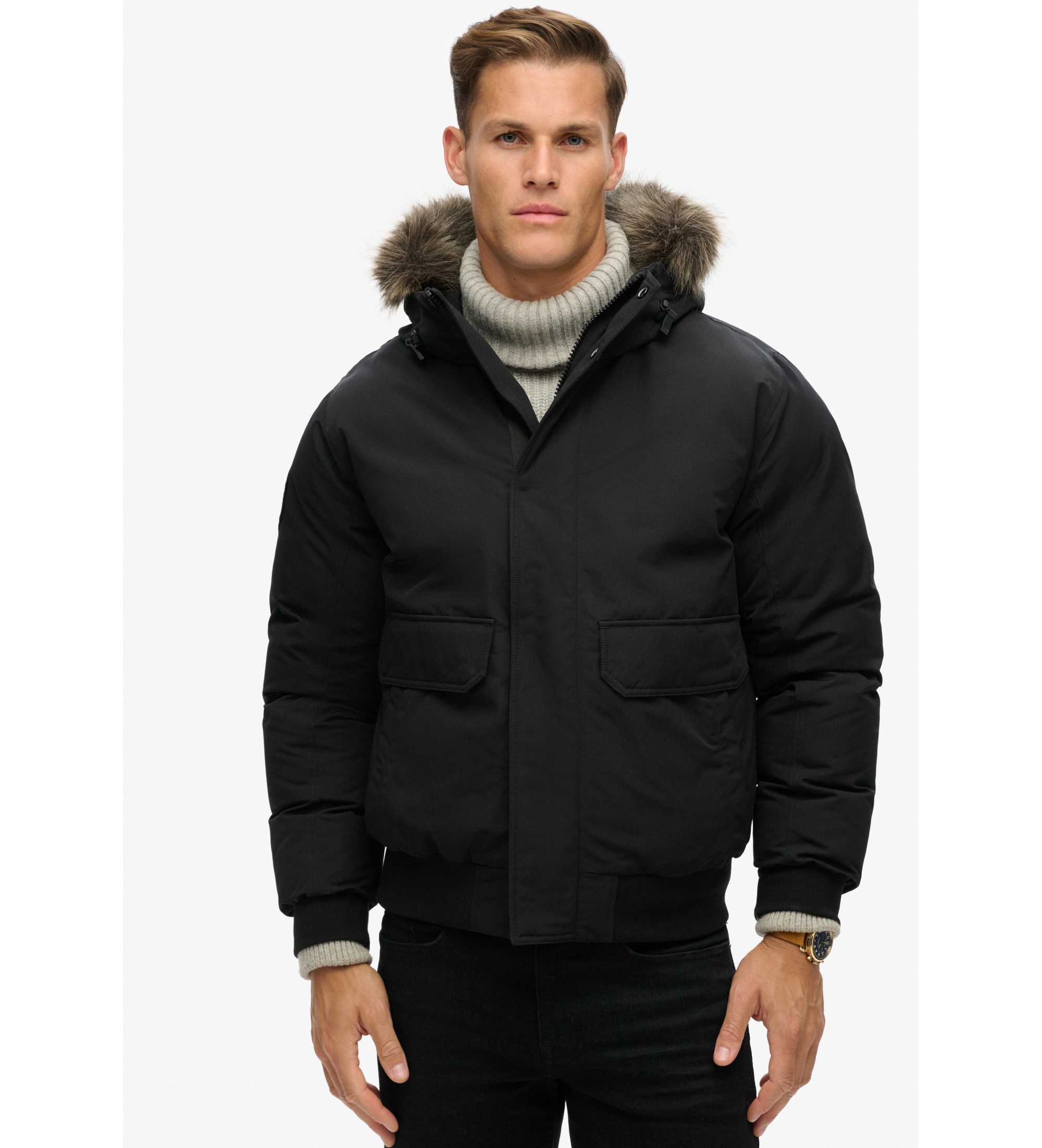 Superdry für Herren. M5011930A Kunstpelz-Bomberjacke Everest schwarz (S), Lässig, Recyceltes Polyester, Nachhaltig