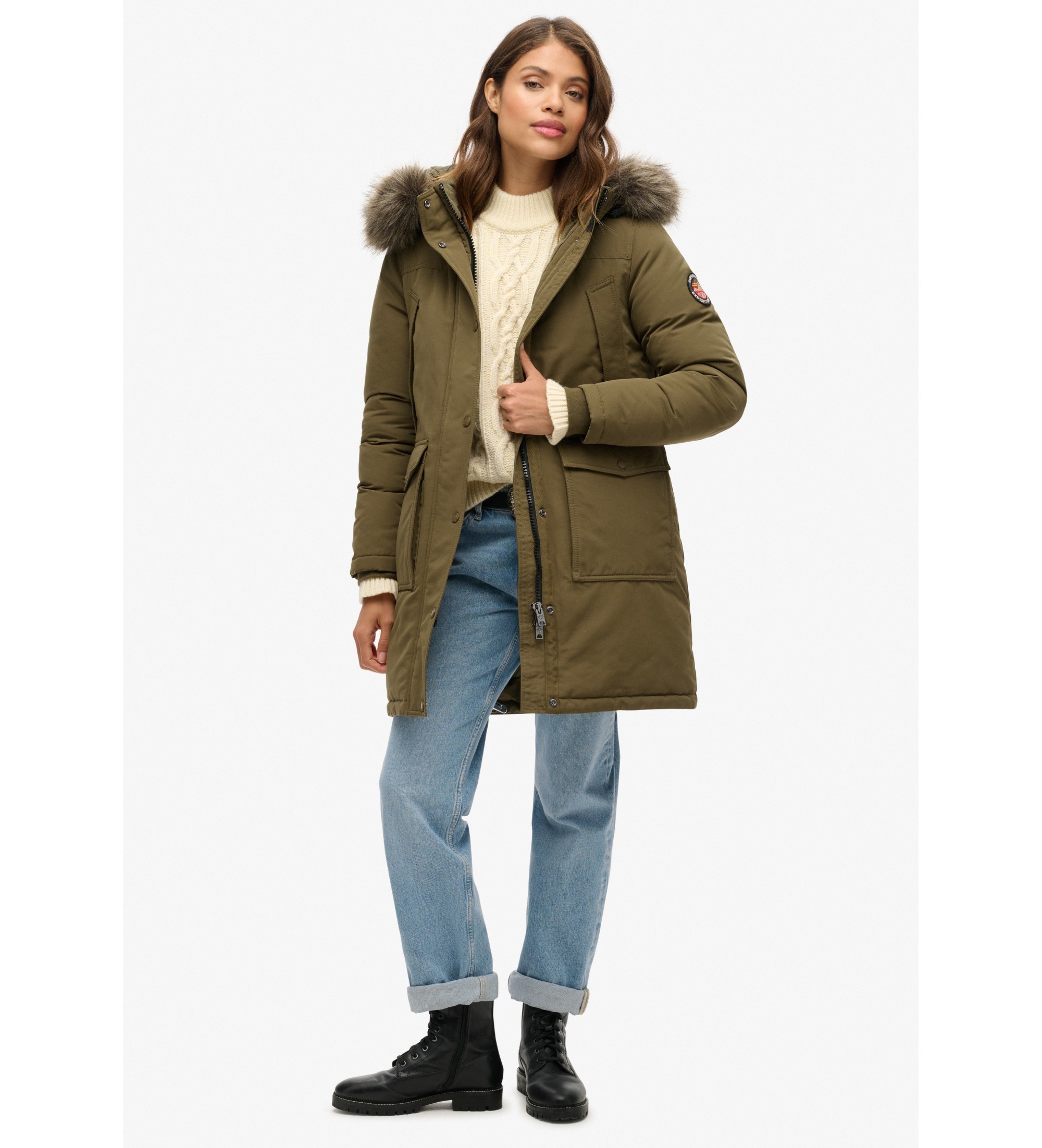 Superdry für Damen. W5011786A Grüner Kunstpelz-Parka Everest (XL), Lässig, Recyceltes Polyester, Nachhaltig