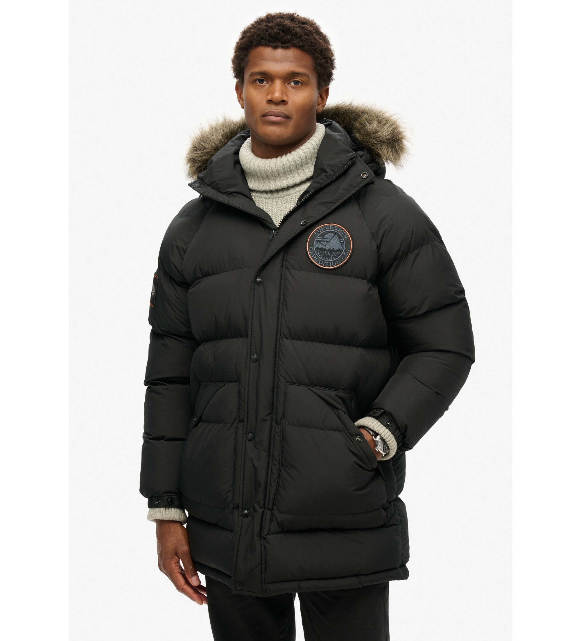 Superdry für Herren. M5011932A Everest langer Parka mit Baffeln schwarz (XL), Lässig, Recyceltes Polyester, Nachhaltig, Recyceltes Nylon