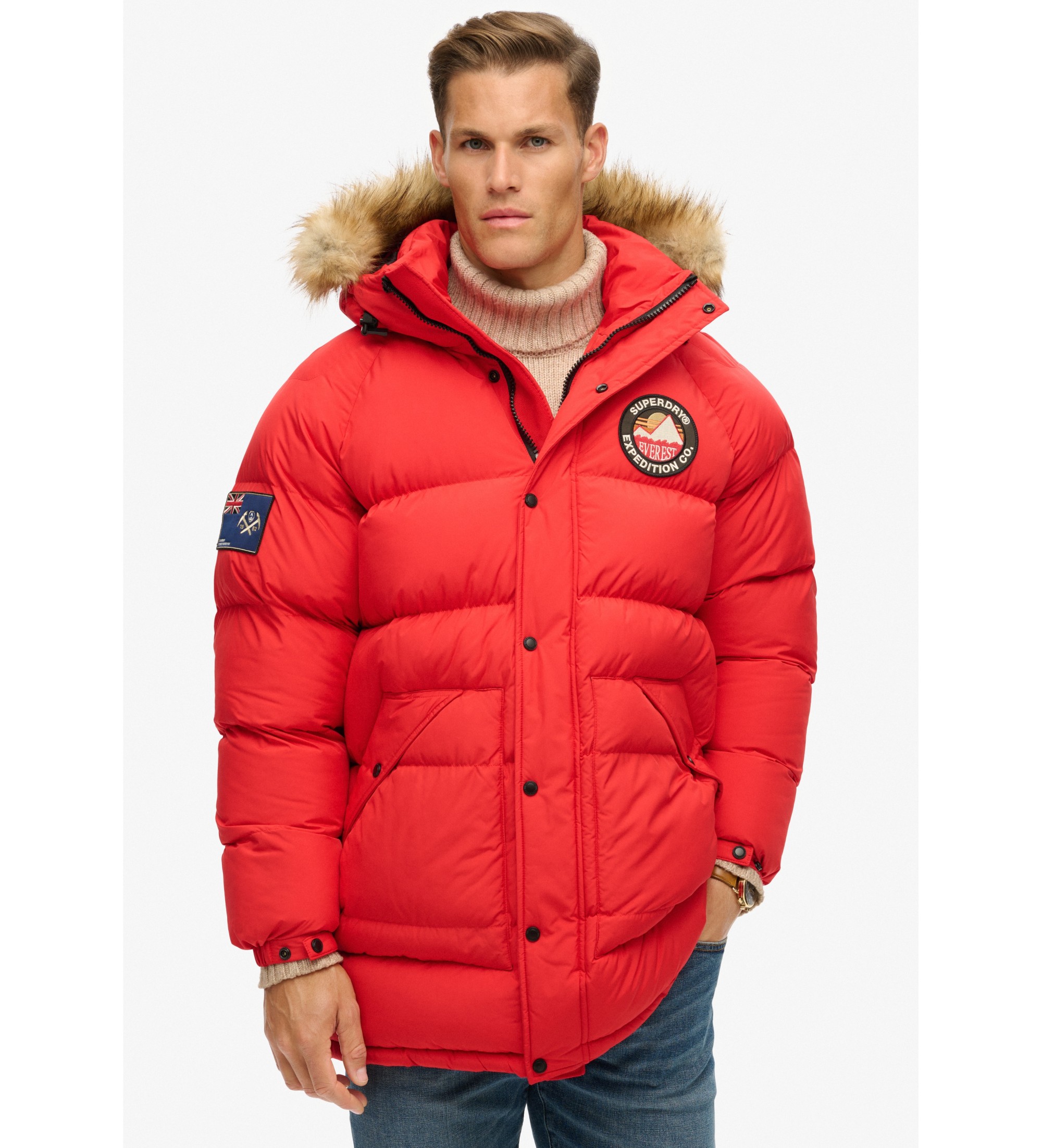 Superdry für Herren. M5011932A Langer Parka mit Deflektoren Everest rot (XXL), Lässig, Recyceltes Polyester, Nachhaltig, Recyceltes Nylon