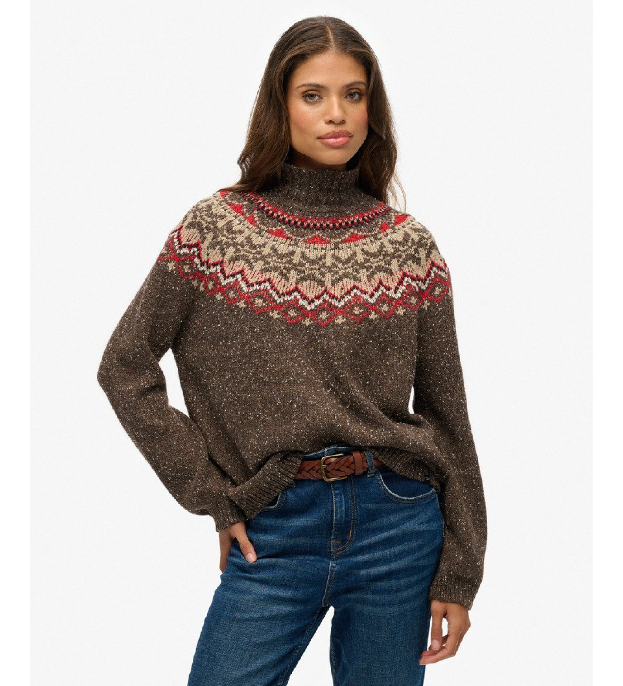 Superdry für Damen. W6110657A Brauner Fairisle-Rollkragenpullover (L), Lässig, Polyester, Langarm