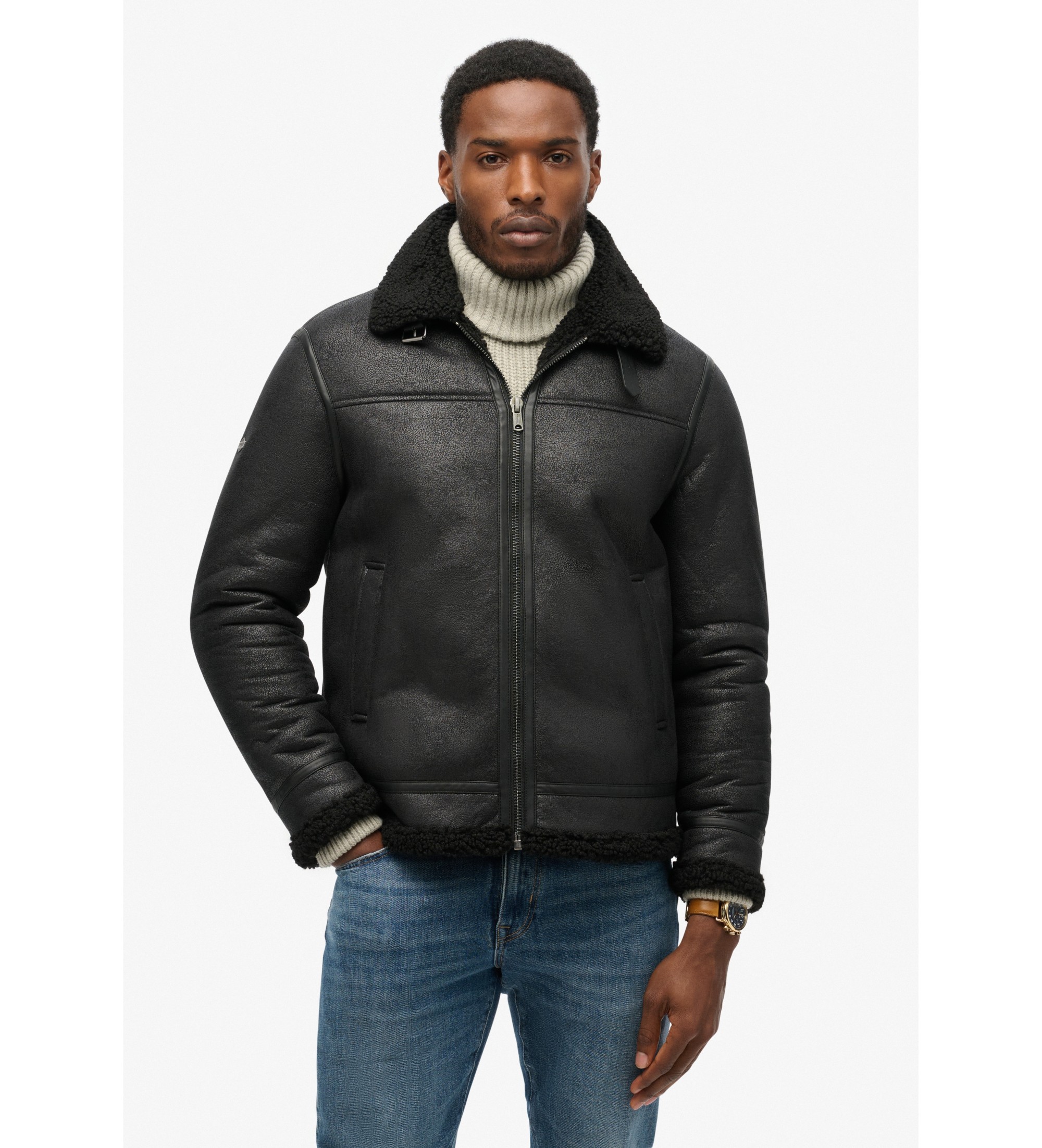 Superdry für Herren. M5012141A Faux Shearling Aviator Jacke schwarz (XXL), Lässig, Polyester