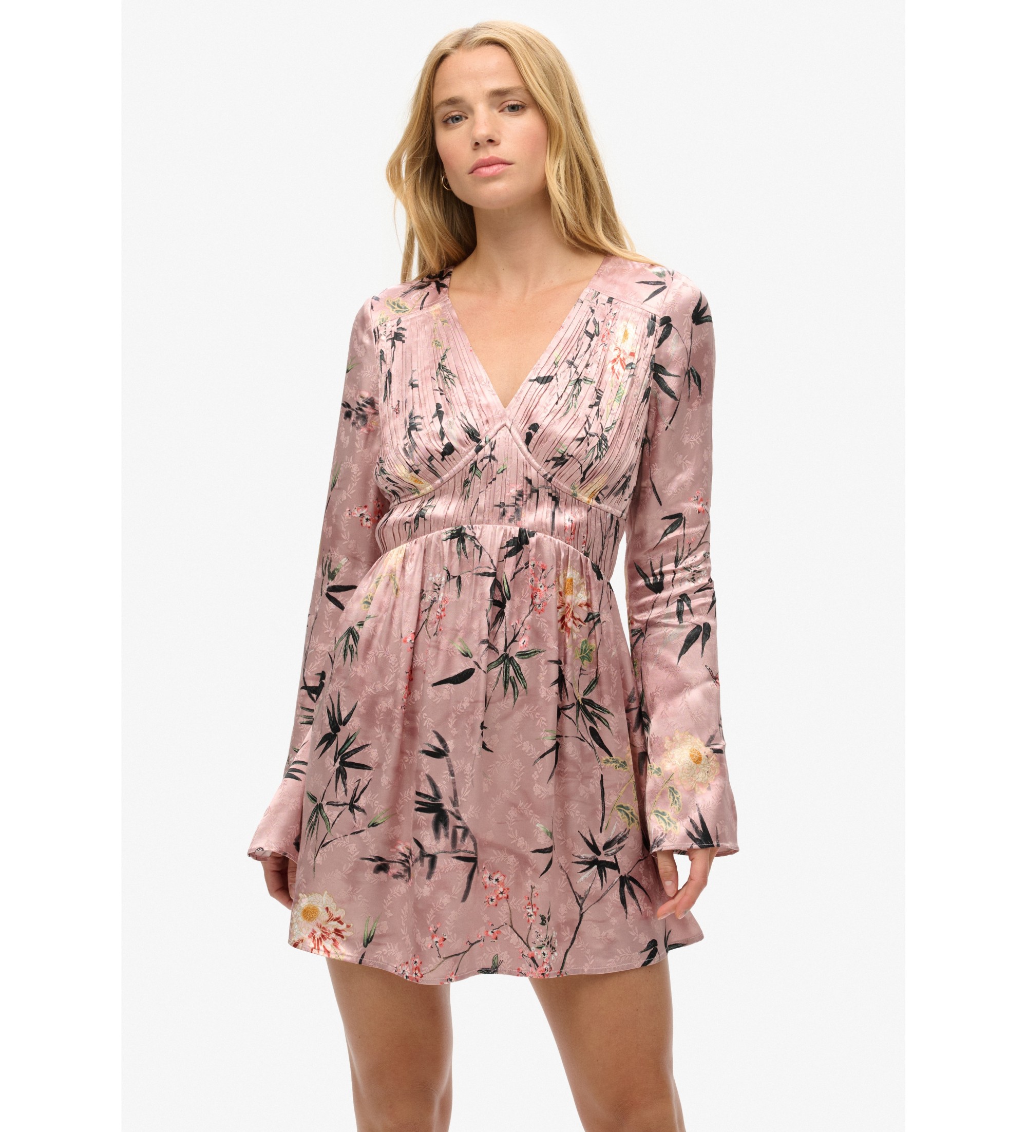 Superdry für Damen. W8011795A Rosa Mini-Kleid mit Blumenjacquardmuster (M), Party, Viskose, Langarm