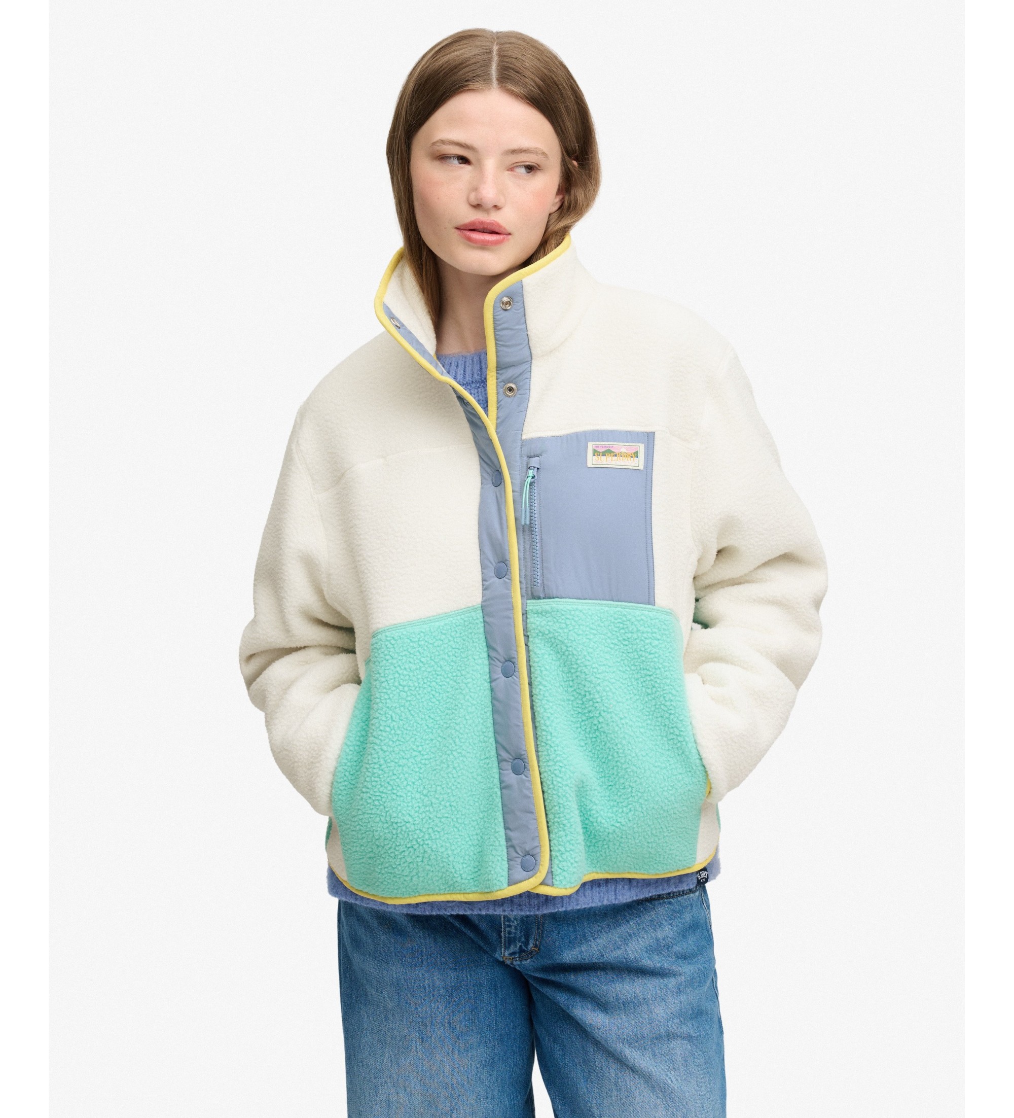 Superdry für Damen. W5012074A Colour-Block-Fleecejacke Gebrochenes Weiß (S), Lässig, Recyceltes Polyester