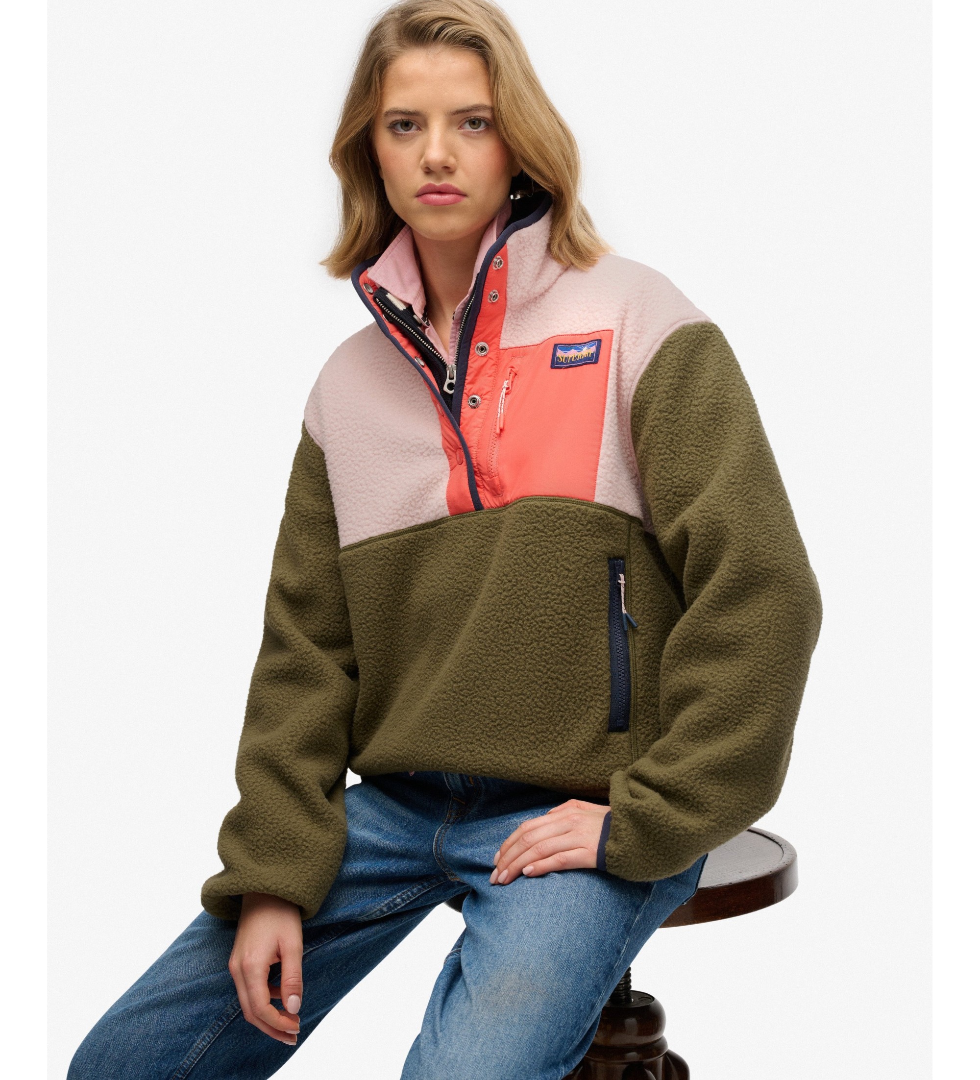 Superdryvoor vrouwen. W5012073A Colour Block Pull On fleece groen (L), Casual, Gerecycled polyester