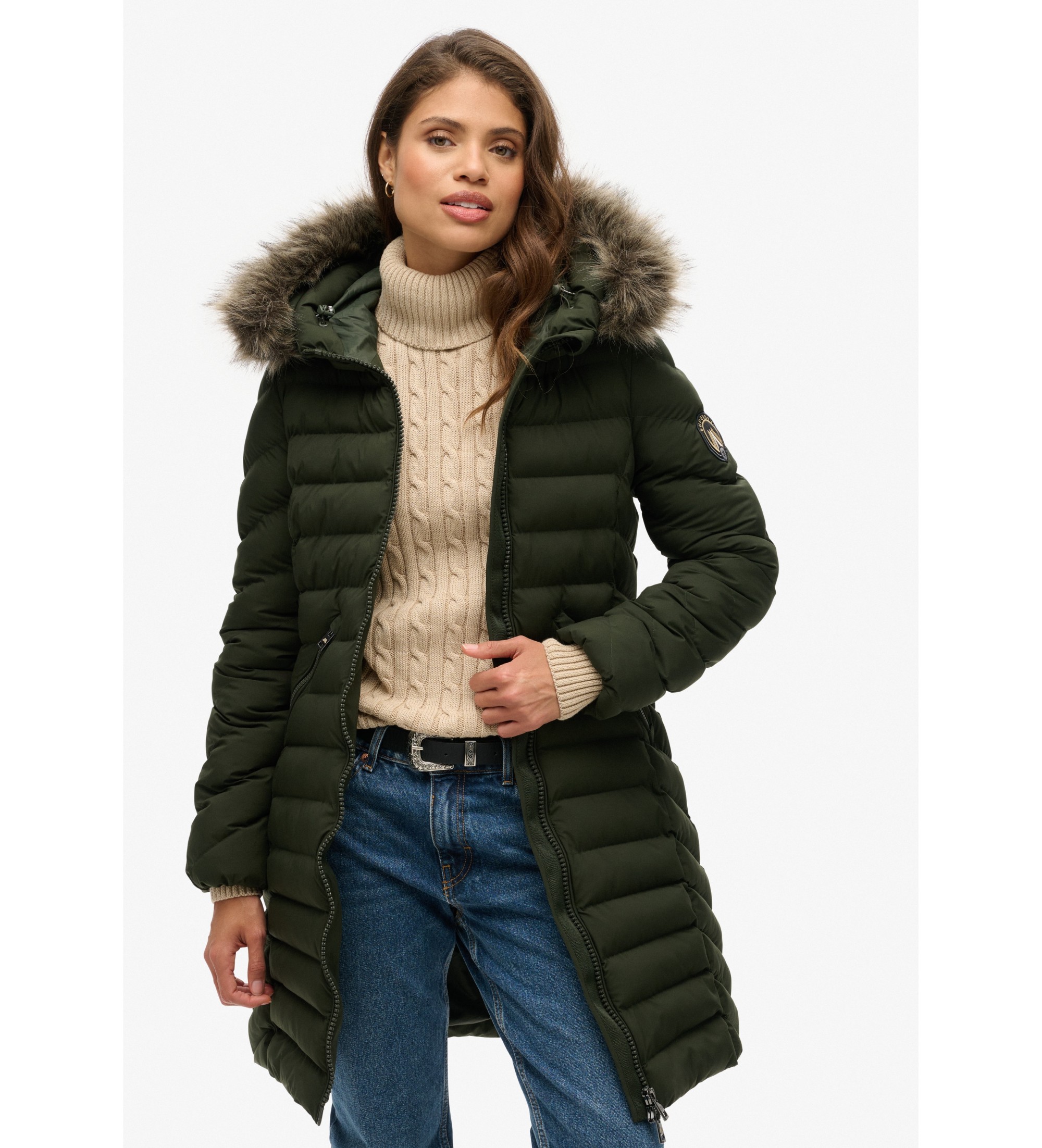 Superdry für Damen. W5011789A Fuji mittellanger Mantel mit Kapuze und grünem Kunstfellbesatz (XS), Lässig, Recyceltes Polyester, Nachhaltig