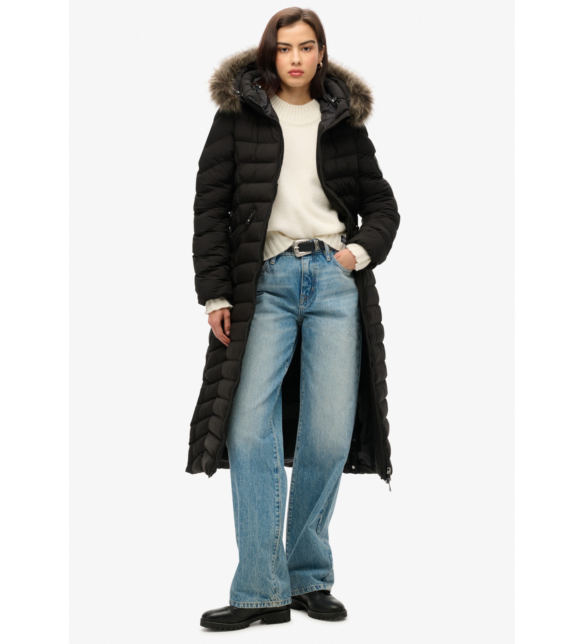 Superdry für Damen. W5011790A Fuji Langer Mantel schwarz (M), Lässig, Recyceltes Polyester, Nachhaltig