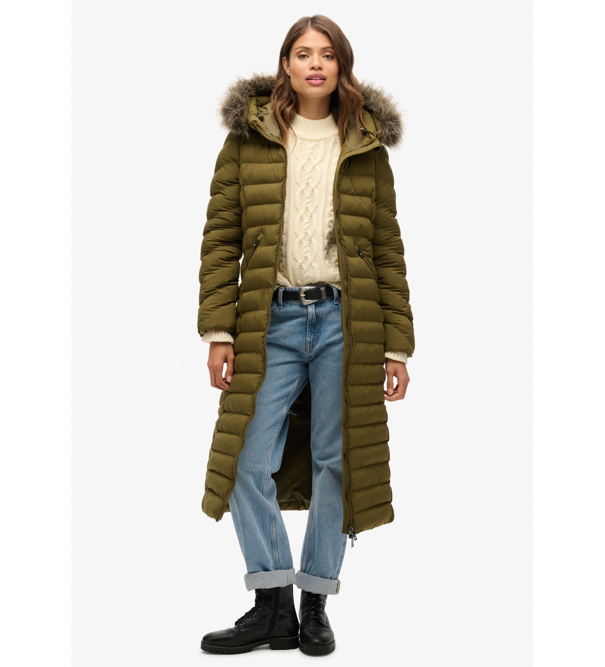 Superdry für Damen. W5011790A Lange Jacke mit Kapuze aus Kunstfell Fuji grün (S), Lässig, Recyceltes Polyester, Nachhaltig