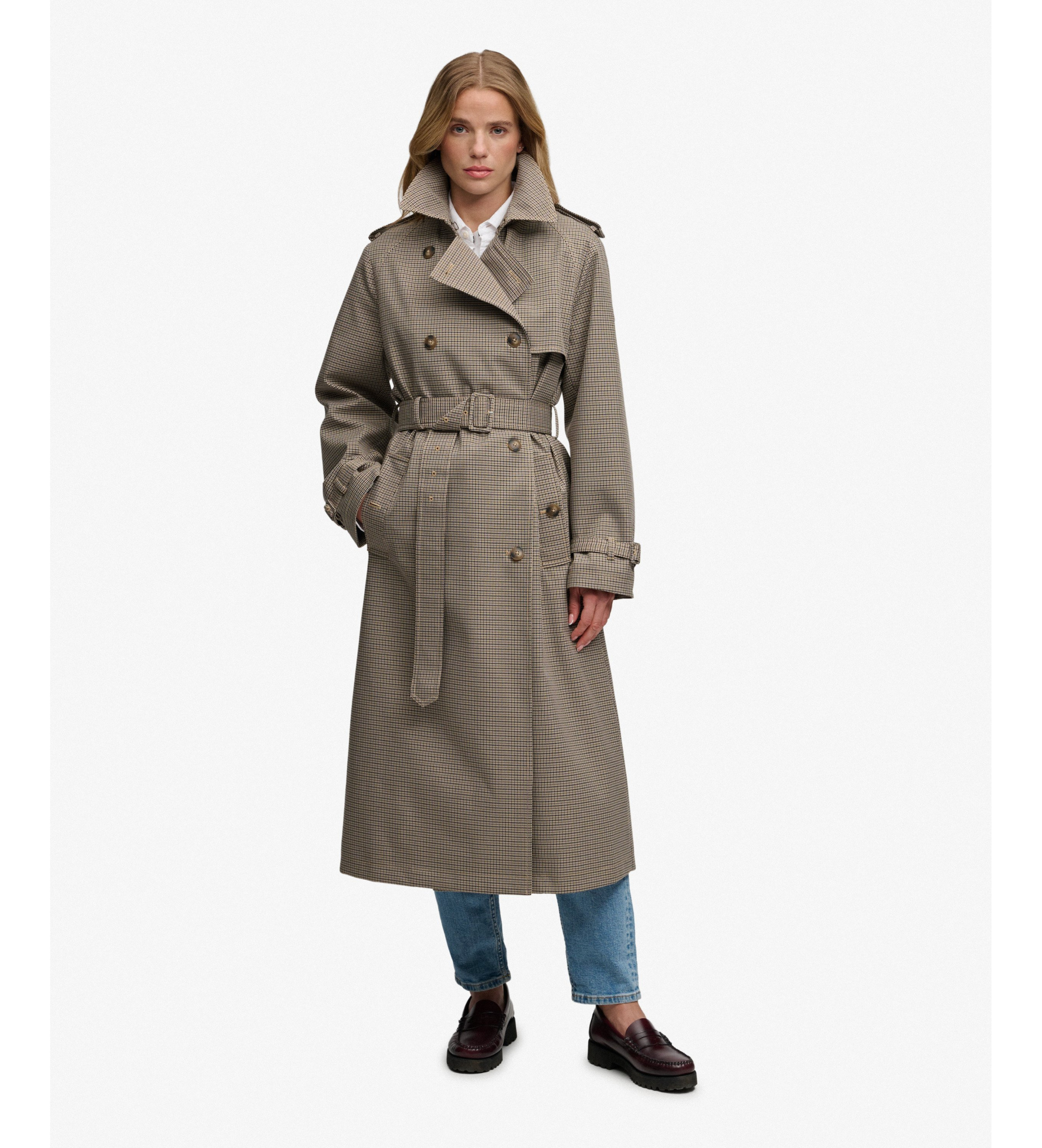 Superdry für Damen. W5012221A Trenchcoat mit braunem Hahnenfußkaromuster (L), Lässig, Stoff