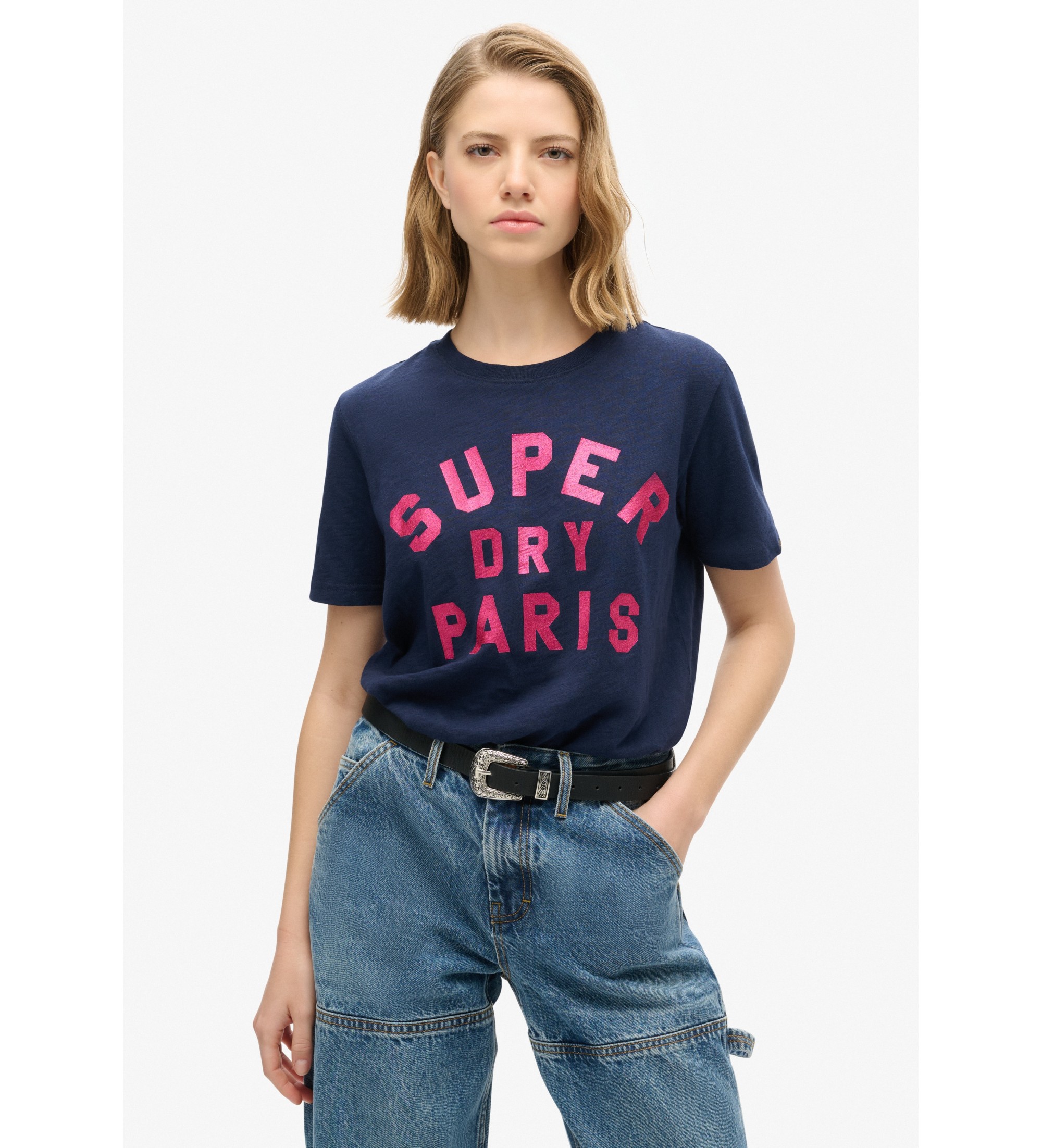 Superdry für Damen. W1011501A Marineblaues Glitzer-T-Shirt (S), Lässig, Baumwolle, Kurzarm