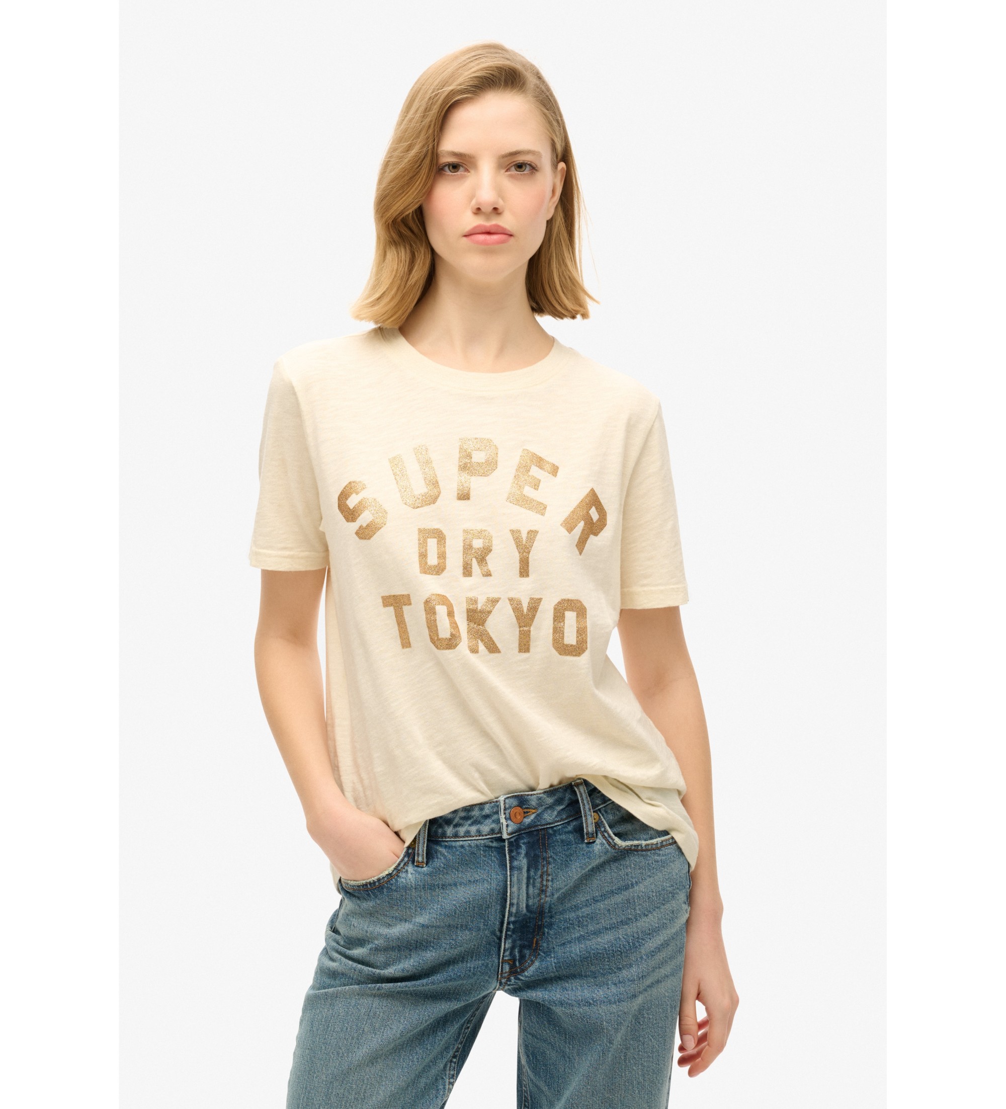Superdry für Damen. W1011501A Beigefarbenes Glitzer-T-Shirt (S), Lässig, Baumwolle, Kurzarm