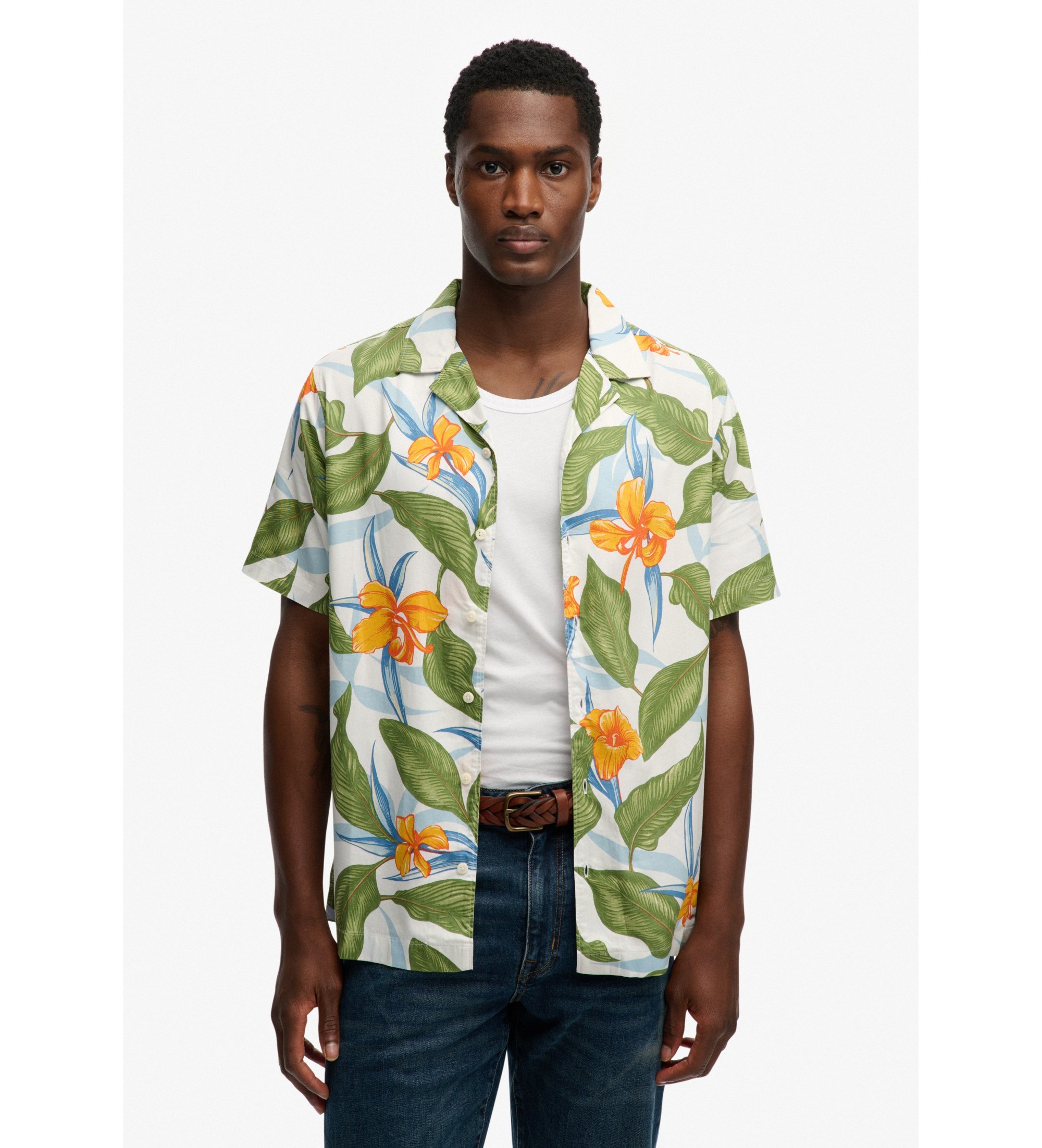Superdry für Herren. M4011128A Hemd Hawaii grün (S), Lässig, Modal, Kurzarm