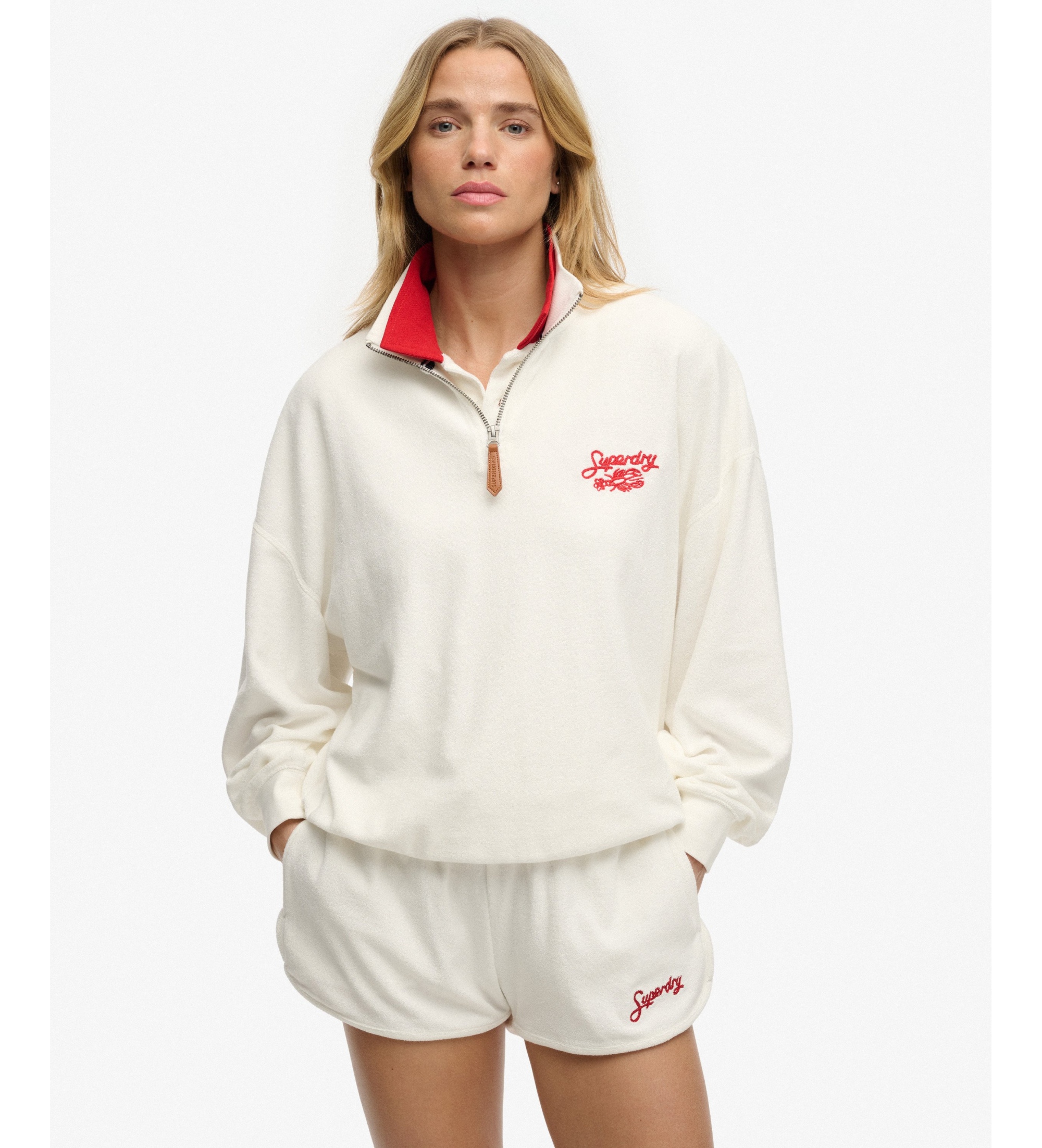 Superdry für Damen. W2012599A Heritage Terry Half Zip beige Sweatshirt (XL), Lässig, Baumwolle