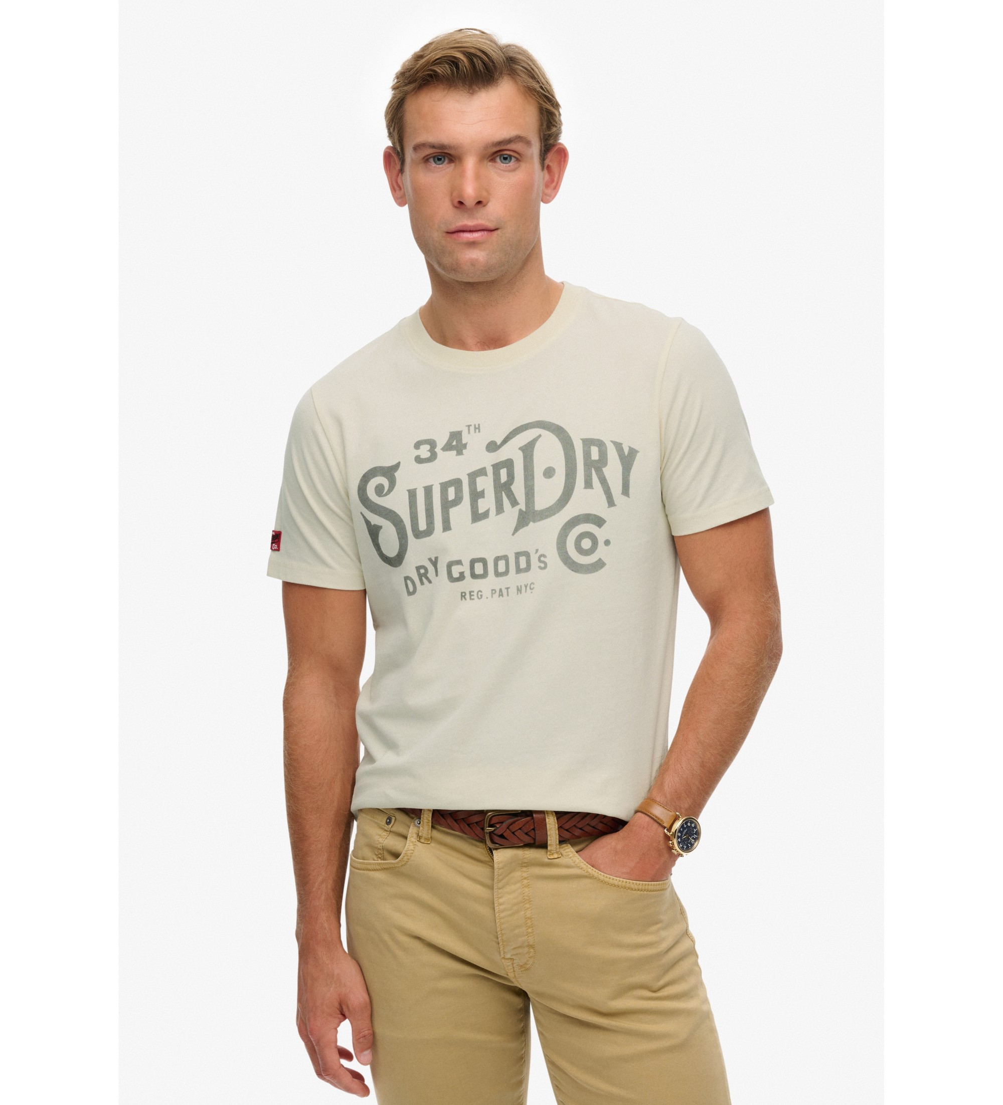 Superdry für Herren. M1012229A Heritage Brand Entspanntes T-shirt off-white (S), Weiß, Lässig, Baumwolle, Kurzarm