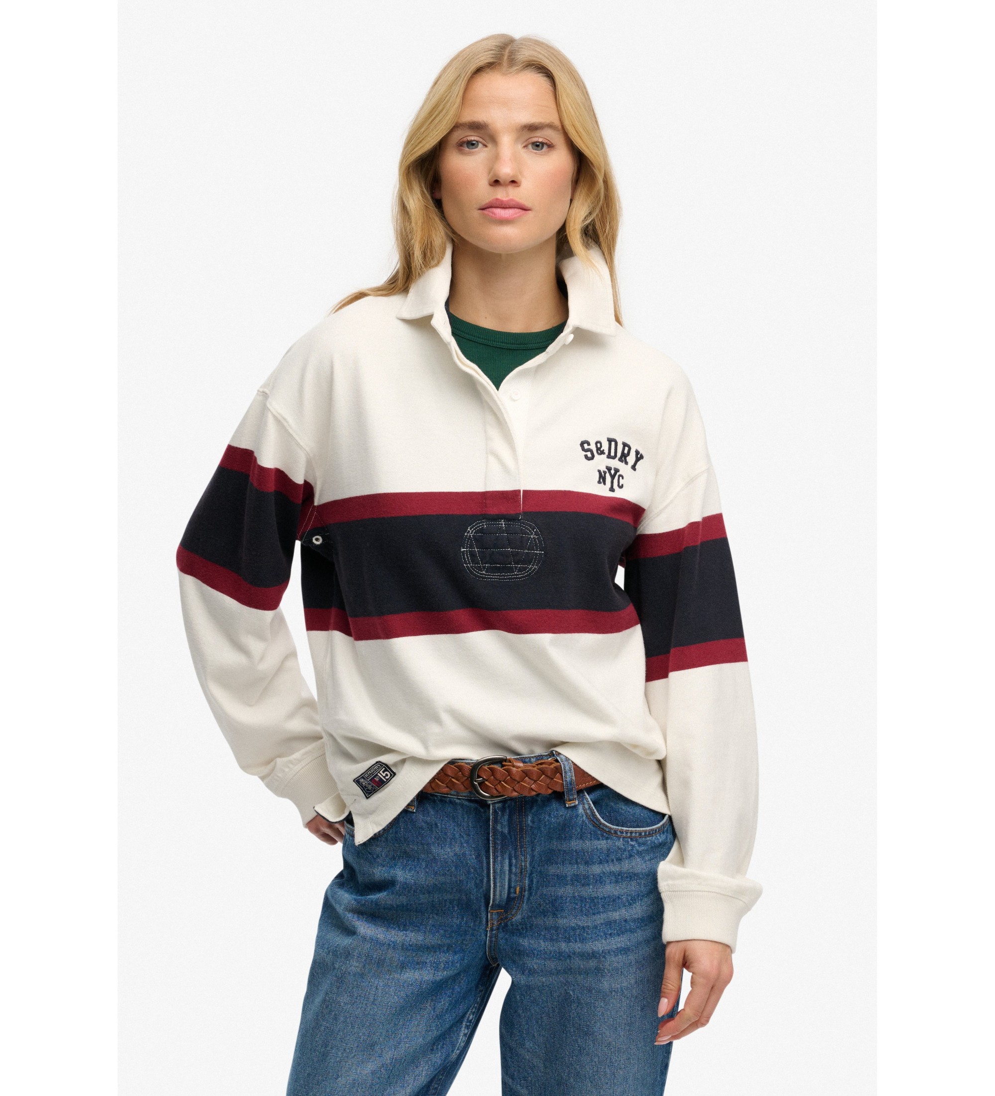 Superdry für Damen. W6012212A Heritage Rugby Poloshirt weiß (S), Lässig, Baumwolle, Langarm