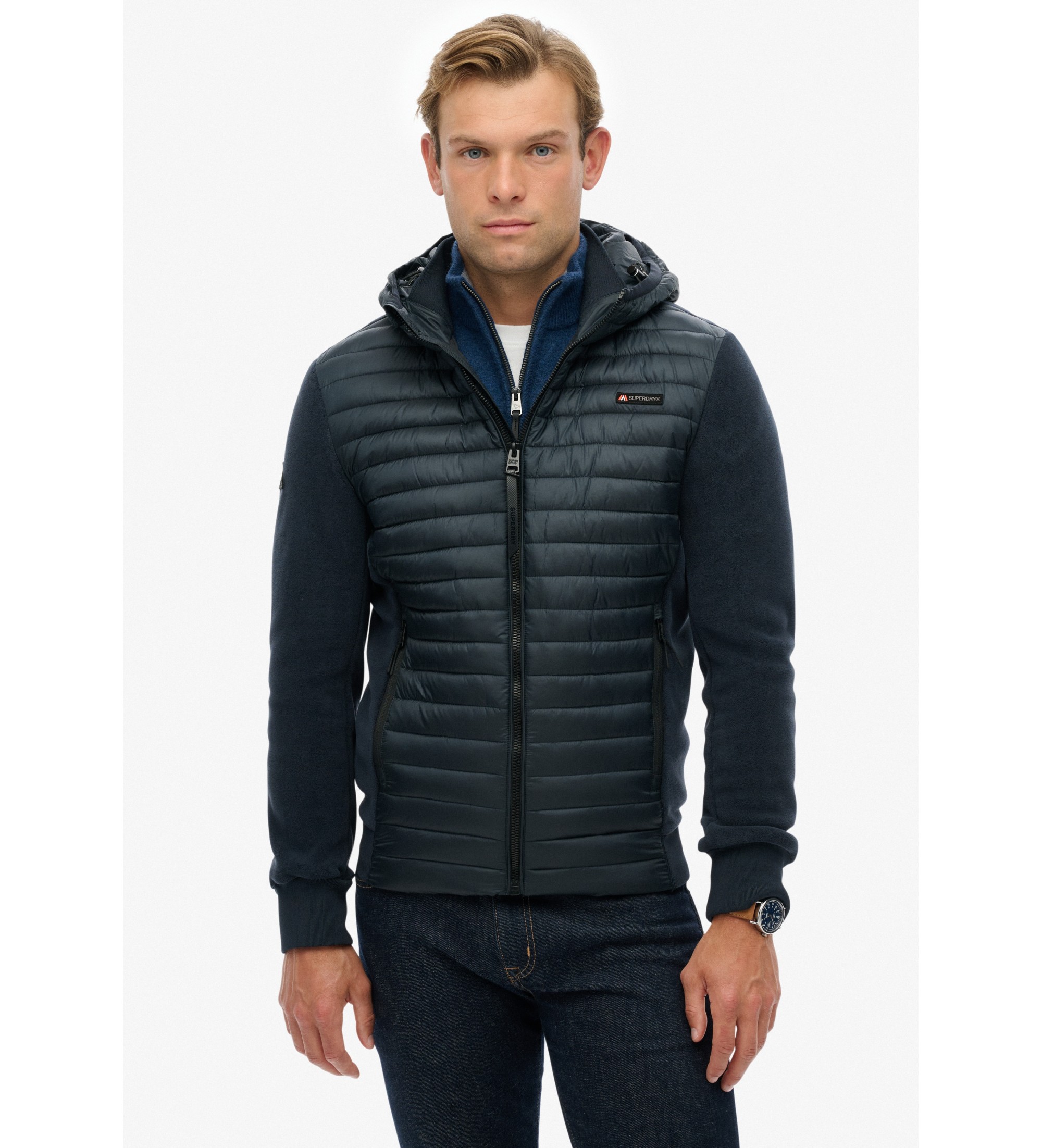 Superdry für Herren. M5012294A Sturmfleece-Hybridmantel mit Kapuze (S), Lässig, Recyceltes Polyester, Nachhaltig, Marine