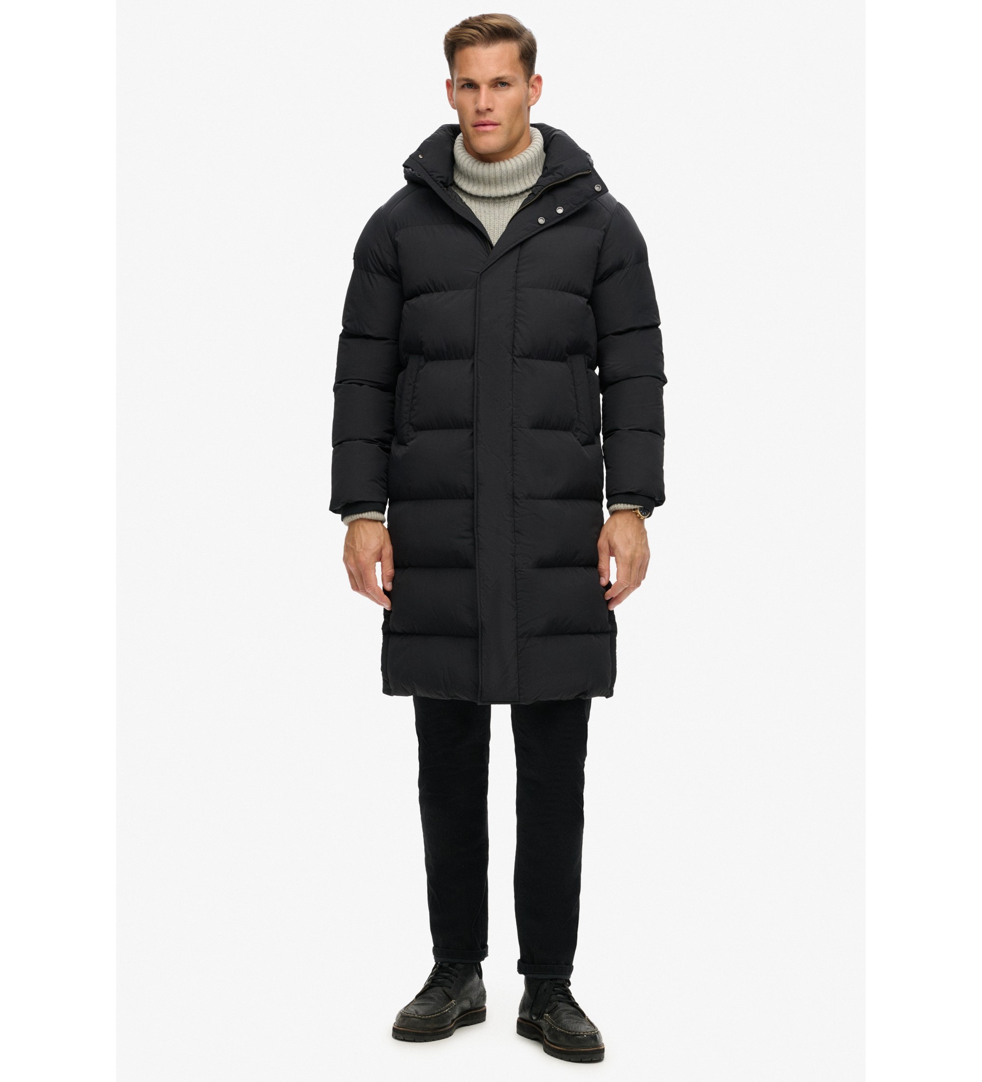 Superdry für Herren. M5011977A Lange Steppjacke mit Kapuze schwarz (XXL), Lässig, Nachhaltig, Recyceltes Nylon
