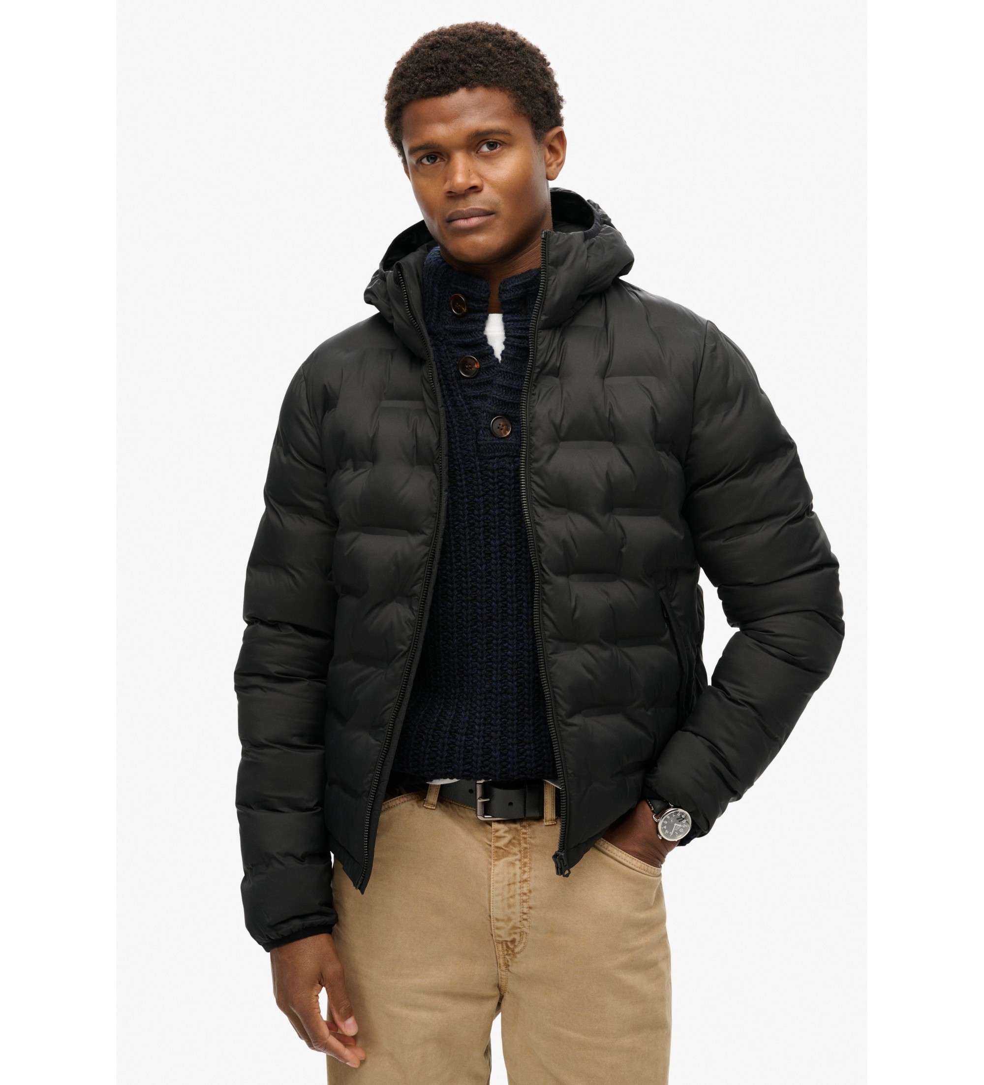 Superdry für Herren. M5012045A Schwarzer Steppmantel mit Kapuze (L), Lässig, Recyceltes Polyester, Nachhaltig