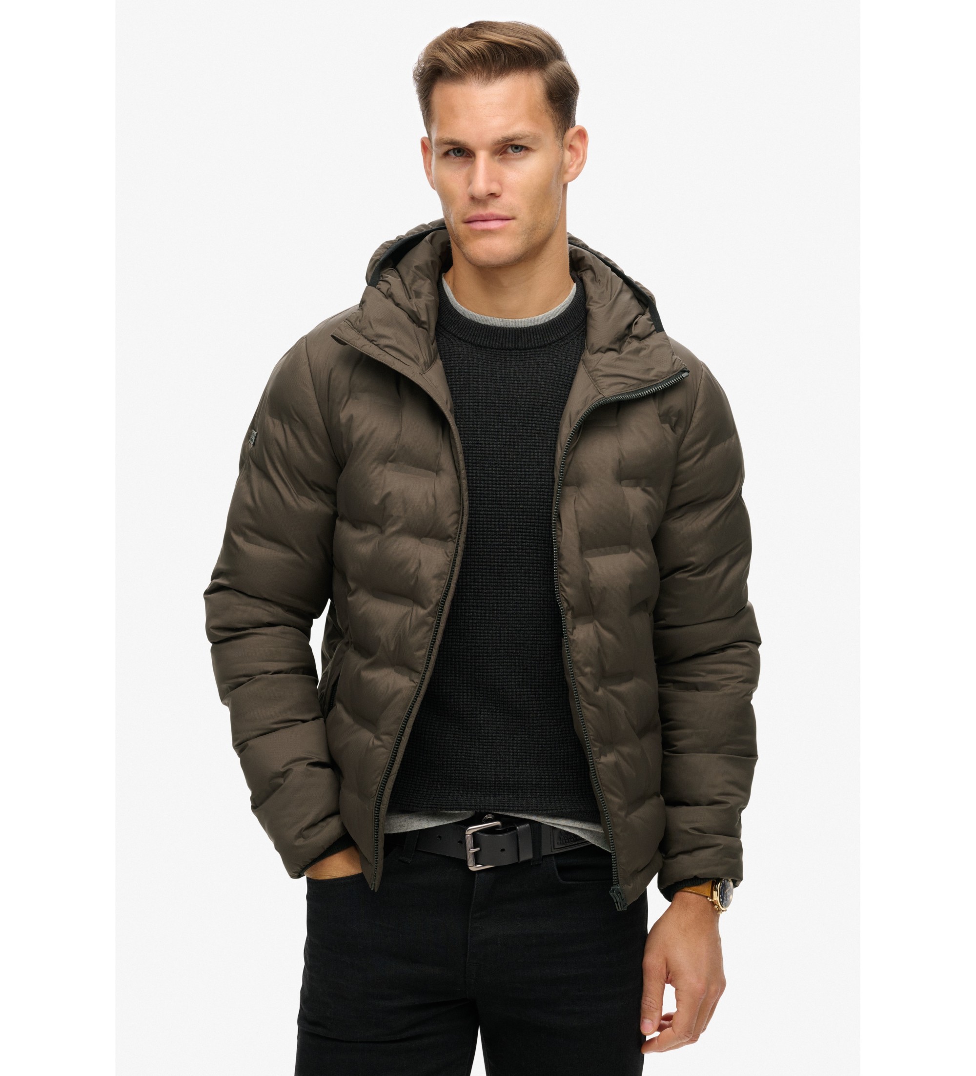 Superdry für Herren. M5012045A Brauner Steppmantel mit Kapuze (XL), Lässig, Recyceltes Polyester, Nachhaltig