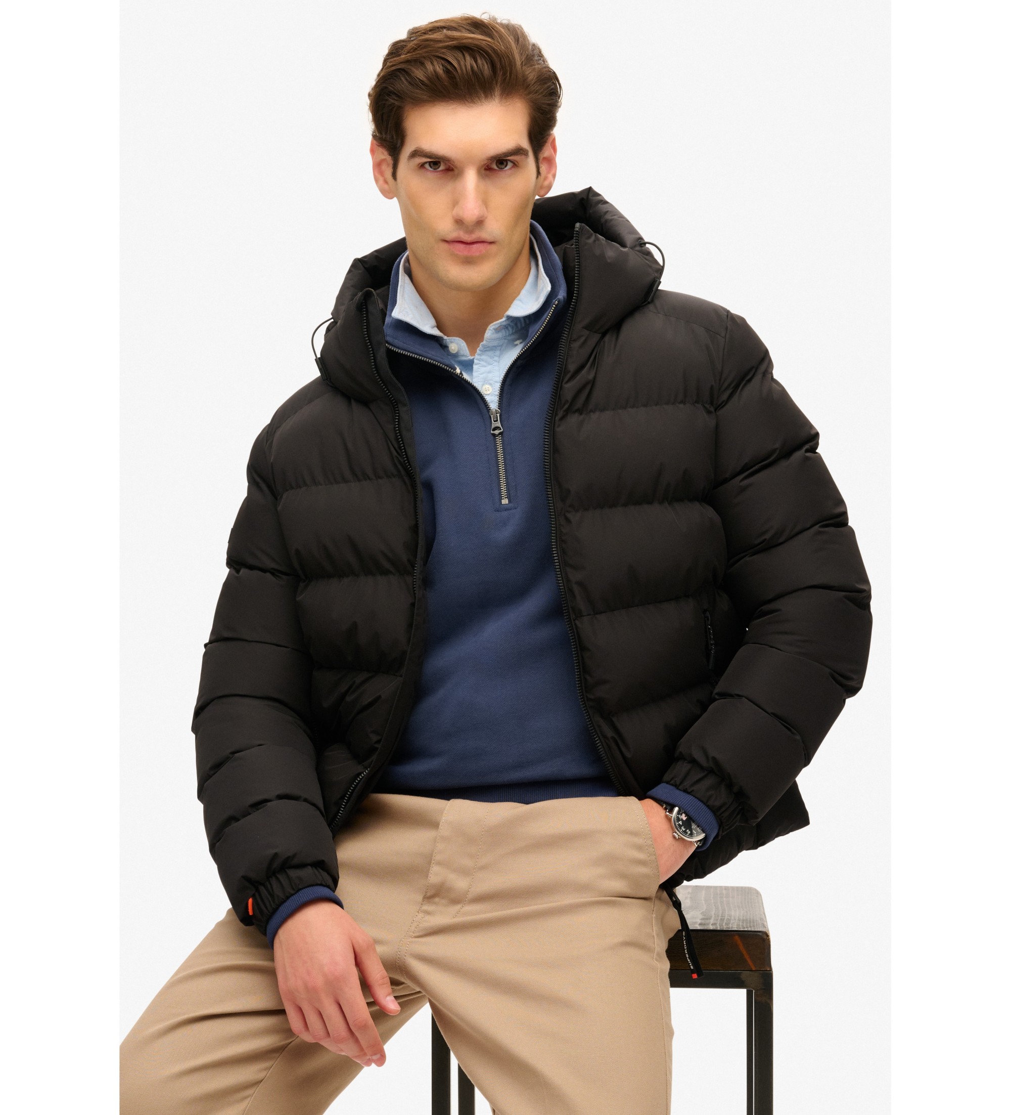 Superdry für Herren. M5011905A Sport Steppjacke mit Kapuze Sport schwarz (L), Lässig, Recyceltes Polyester, Nachhaltig