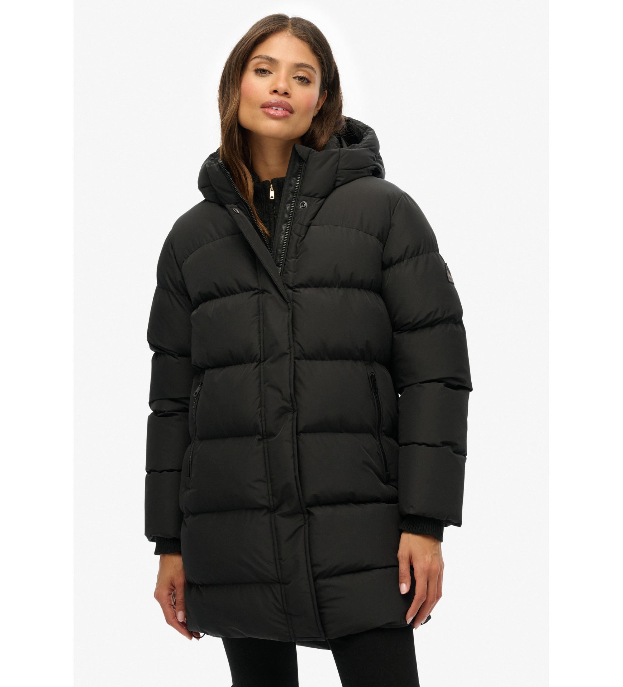 Superdry für Damen. W5012003A Kapuzen-Sport-Puffer-Mid-Jacke schwarz (M), Lässig, Polyester