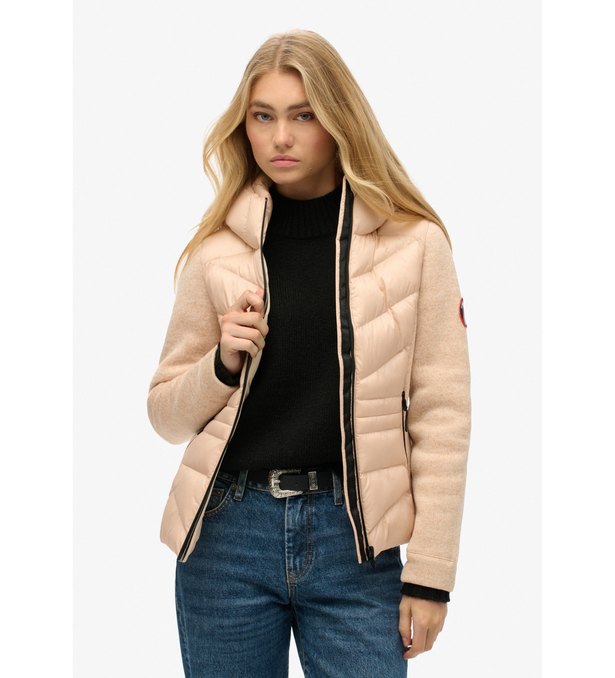 Superdry für Damen. W5011739A Storm Knit Hybridstrickjacke mit Kapuze beige (S), Lässig, Recyceltes Polyester, Nachhaltig