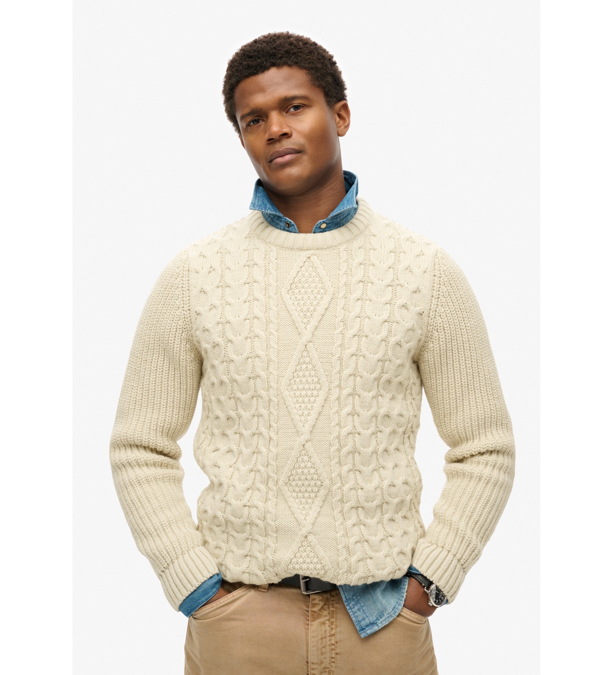 Superdry für Herren. M6110638A Weißer Jacob Zopfstrickpullover (XL), Lässig, Acryl, Nachhaltig