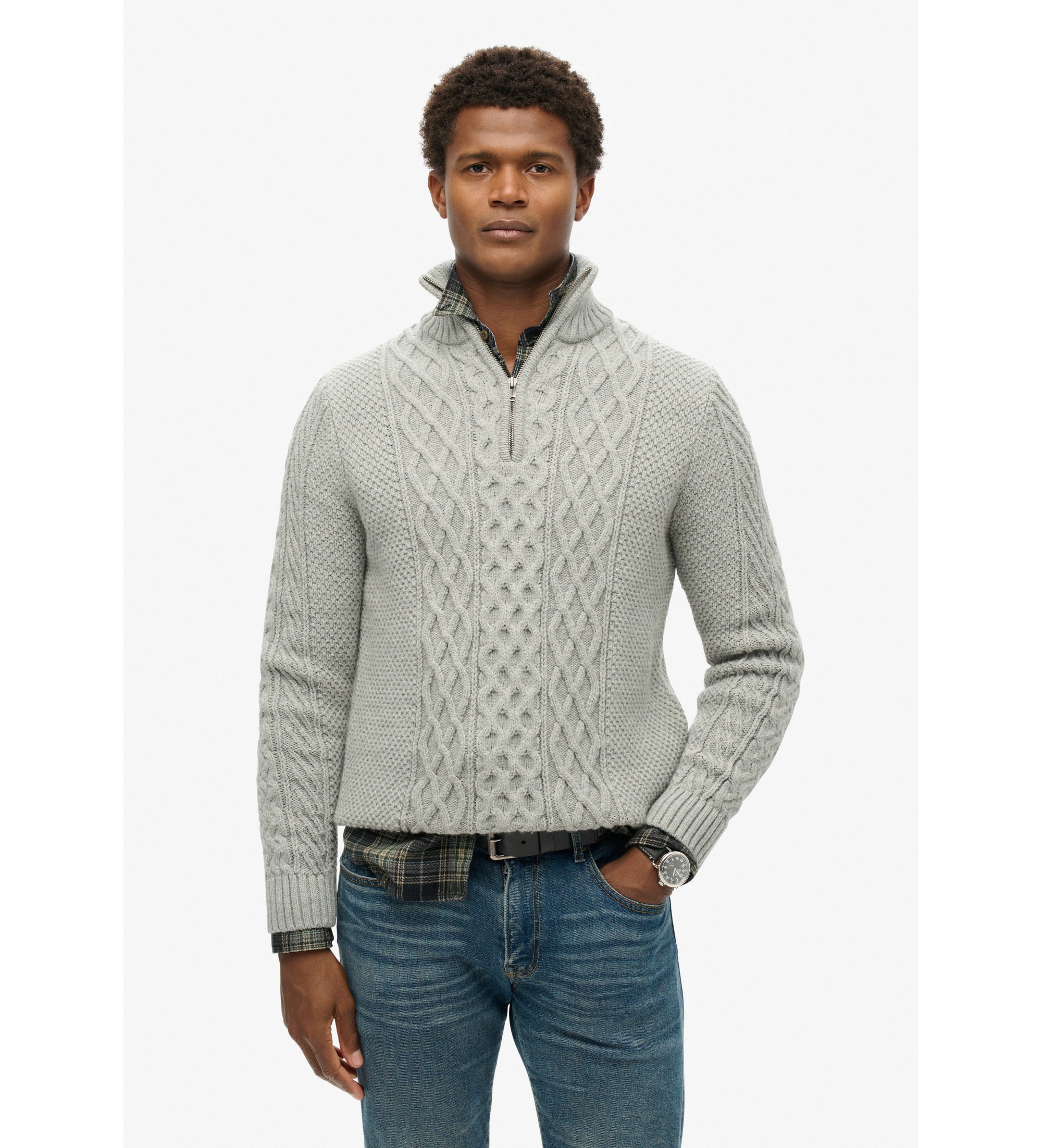Superdry für Herren. M6110639A Geflochtener Strickpullover mit halbem Reißverschluss Jacob grau (M), Lässig, Acryl, Nachhaltig