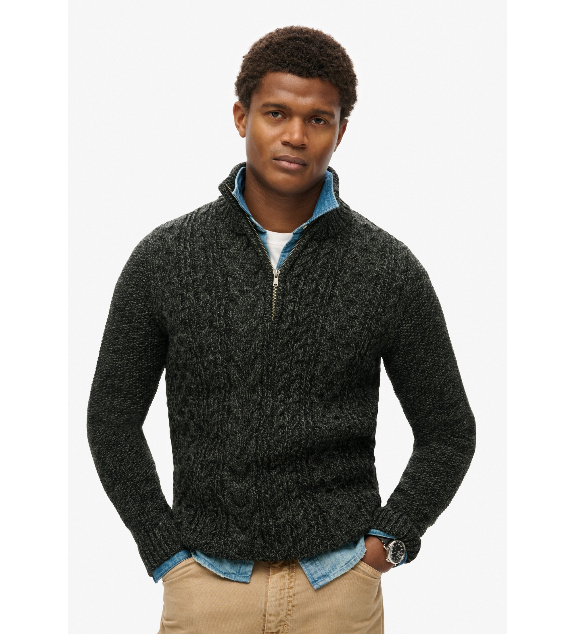 Superdry für Herren. M6110639A Zopfstrickpullover Jacob schwarz mit halbem Reißverschluss (L), Lässig, Acryl
