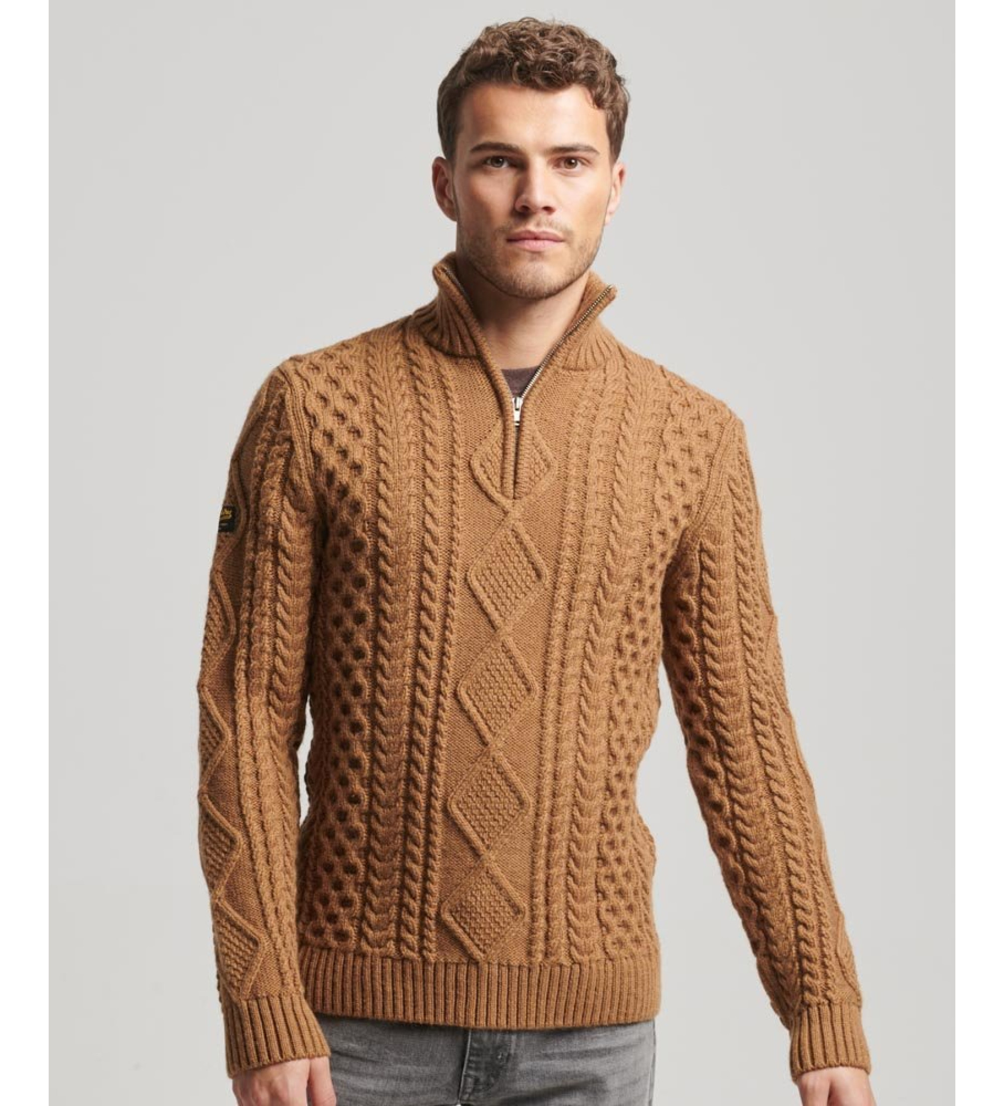 Superdry für Herren. M6110527A Geflochtener Strickpulli mit halbem Reißverschluss Vintage Jacob braun (XL), Lässig, Acryl