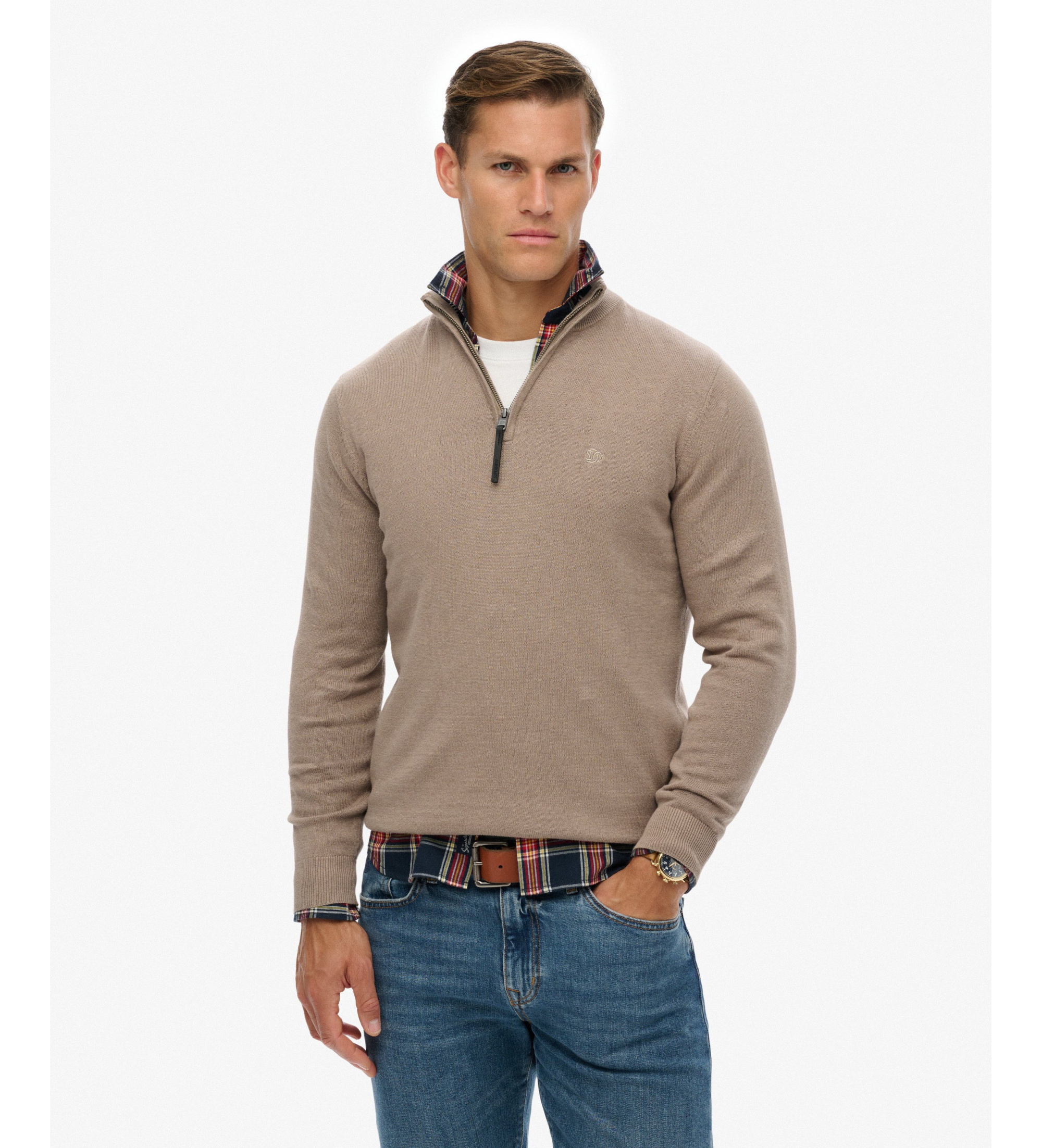 Superdry für Herren. M6110690A Essentials Pullover mit halbem Reißverschluss braun (3XL), Lässig, Baumwolle