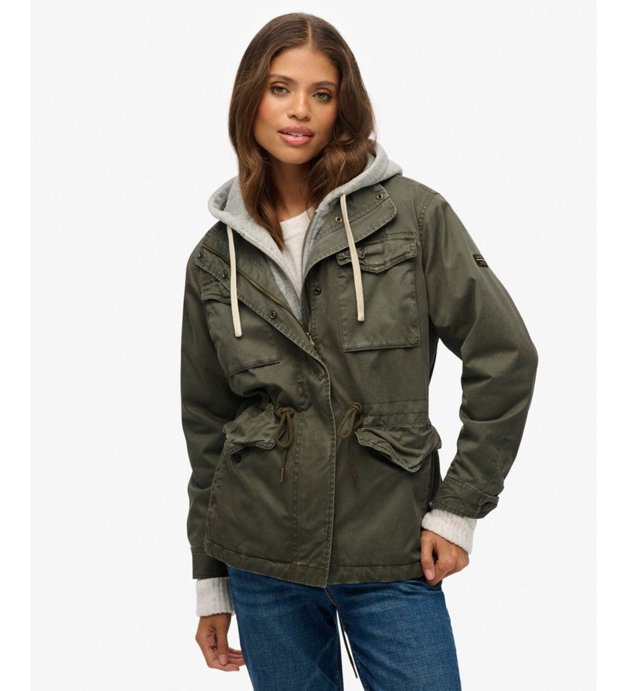 Superdry für Damen. W5011935A Kapuze Borg Military grüner Pullover (S), Lässig, Baumwolle