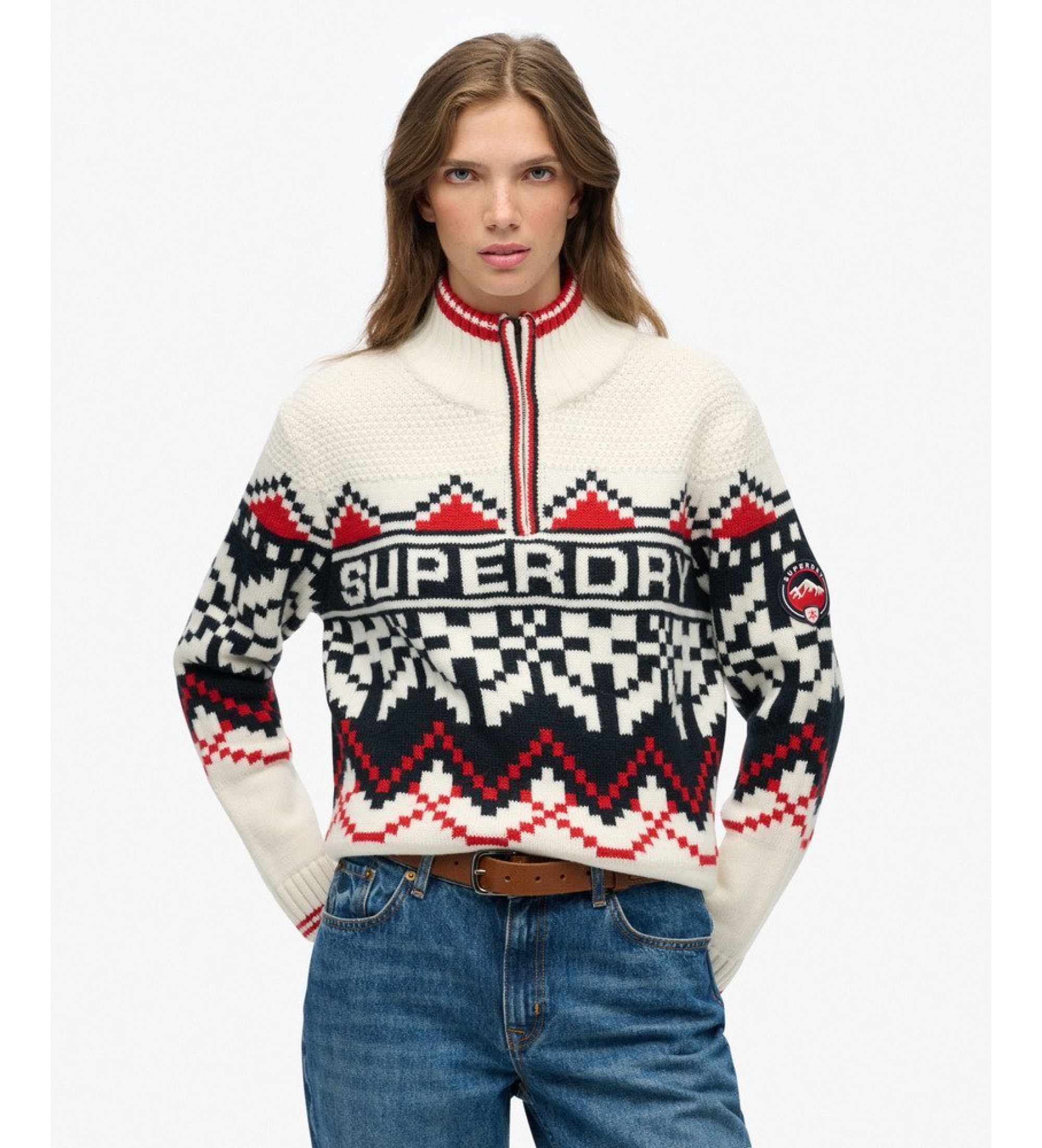 Superdry für Damen. W6110660A Beiger Intarsien-Pullover (S), Lässig, Baumwolle