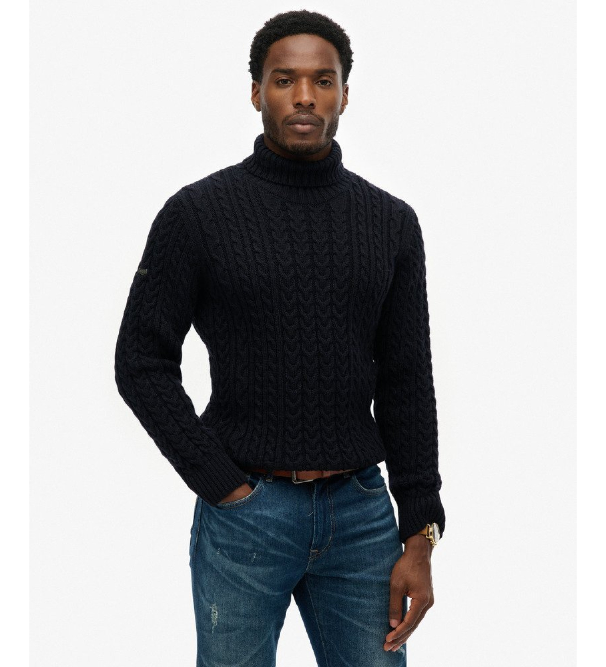 Superdry für Herren. M6110673A Jacob Cable Roll navy Pullover (L), Lässig, Wolle, Langarm, Marine