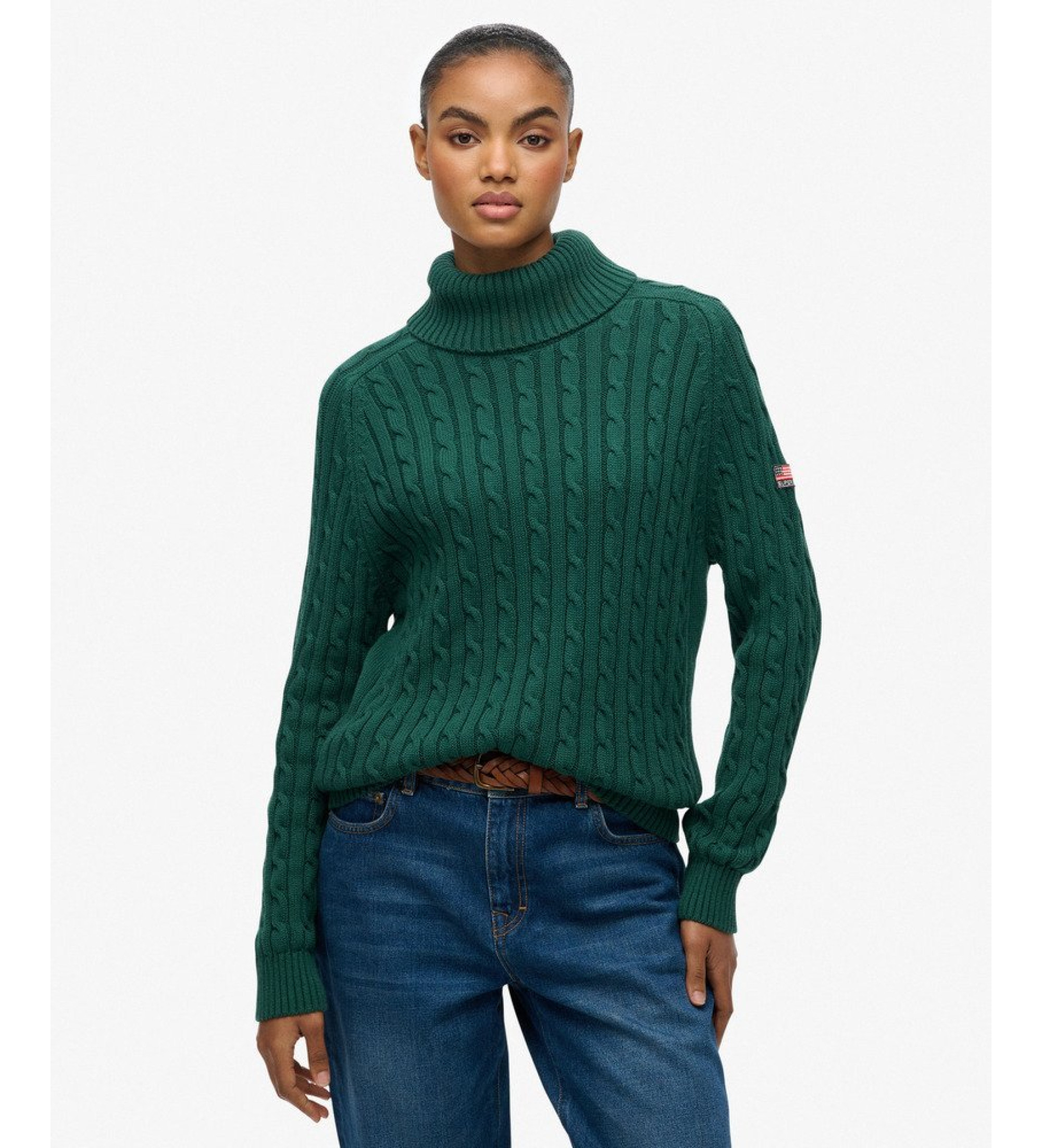 Superdry für Damen. W6110614A Grüner Slouchy Cable Rollkragen Pullover (XL), Lässig, Baumwolle, Langarm
