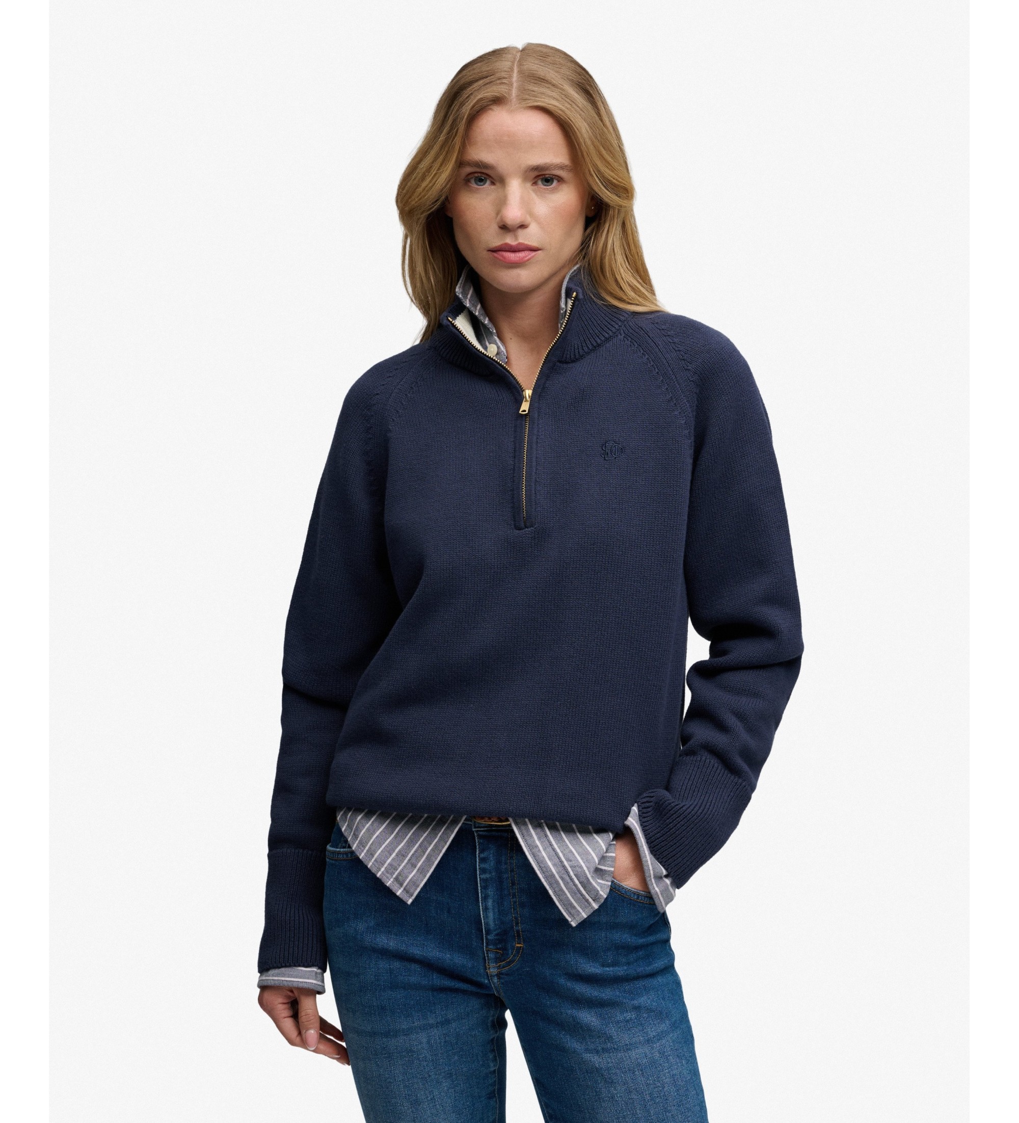 Superdry für Damen. W6110625A Classic-Pullover mit halbem Verschluss in Marineblau (XS), Lässig, Baumwolle