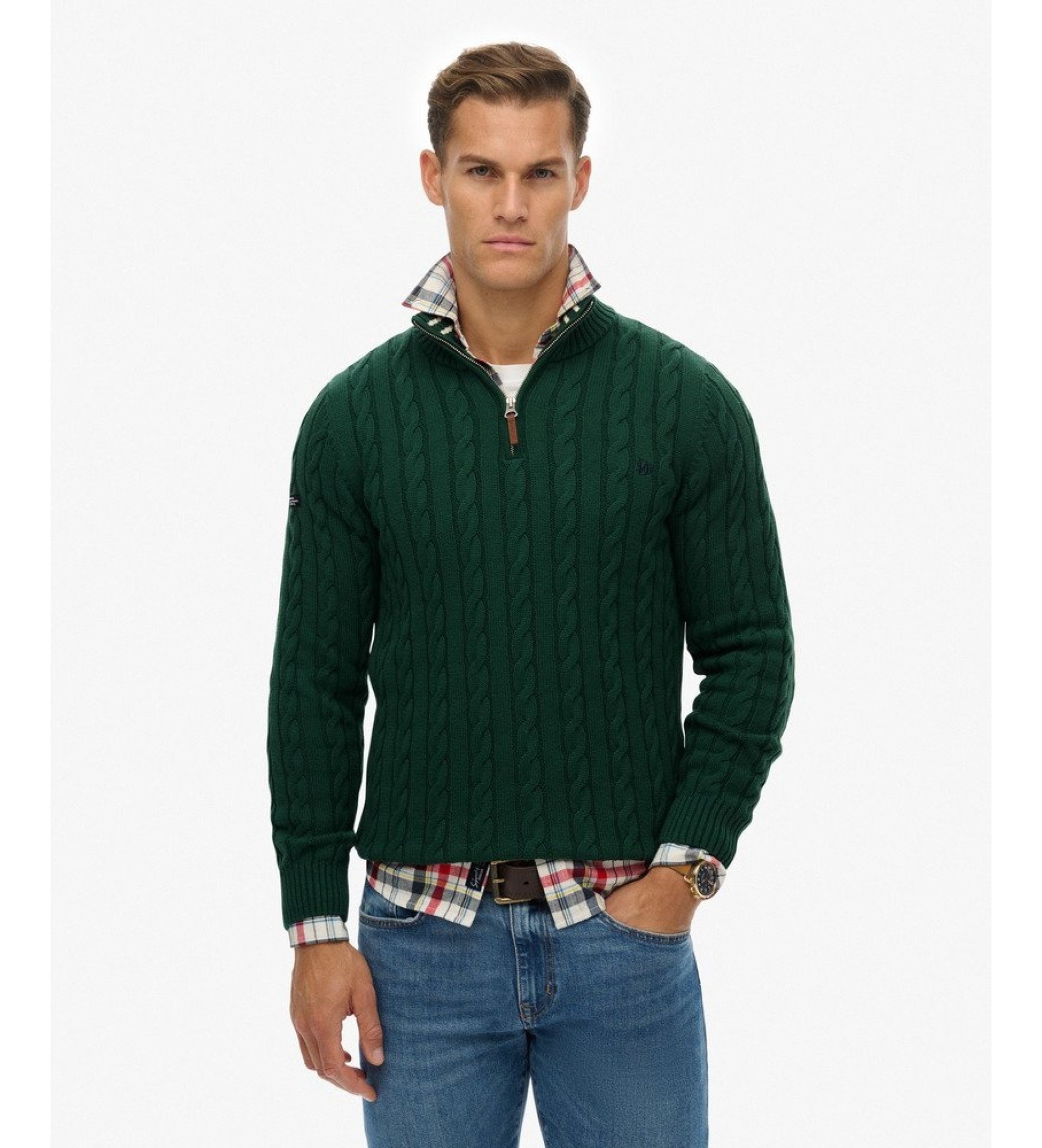 Superdry für Herren. M6110661B Pullover mit halbem Reißverschluss ?Cotton Classic Cable? in Grün (M), Lässig, Baumwolle