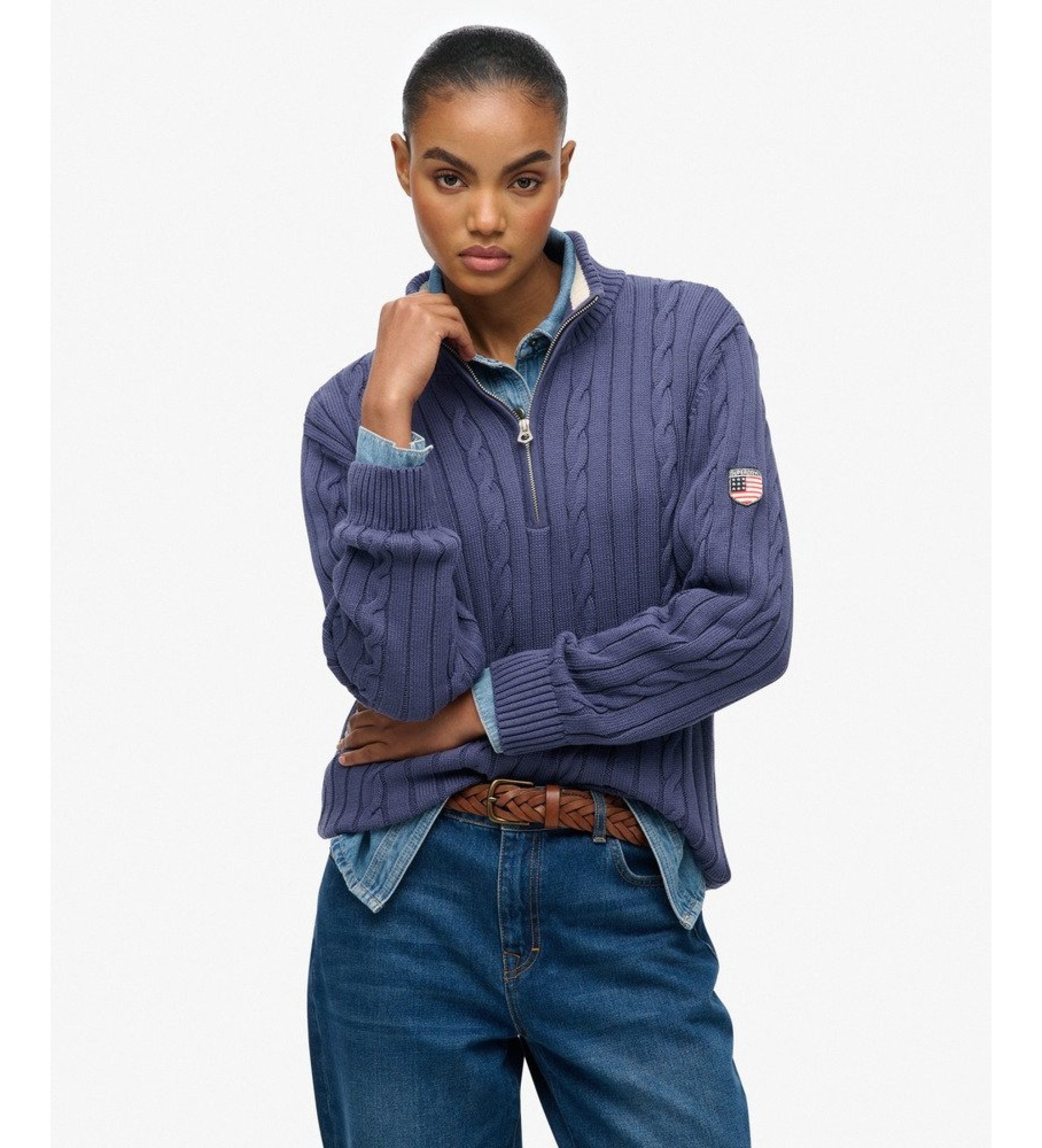 Superdry für Damen. W6110741A Slouchy-Pullover in Marineblau mit halbem Reißverschluss (S), Lässig, Baumwolle