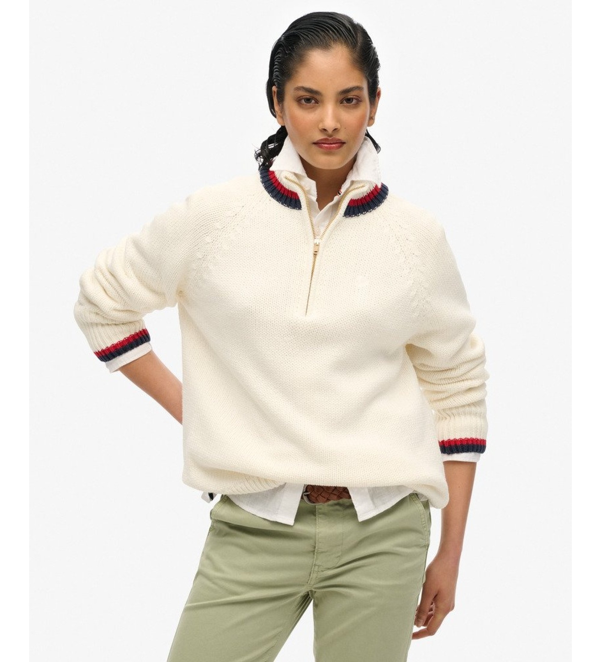 Superdry für Damen. W6110669A Pullover mit halbem Reißverschluss, beige mit Farbakzenten (M), Lässig, Langarm