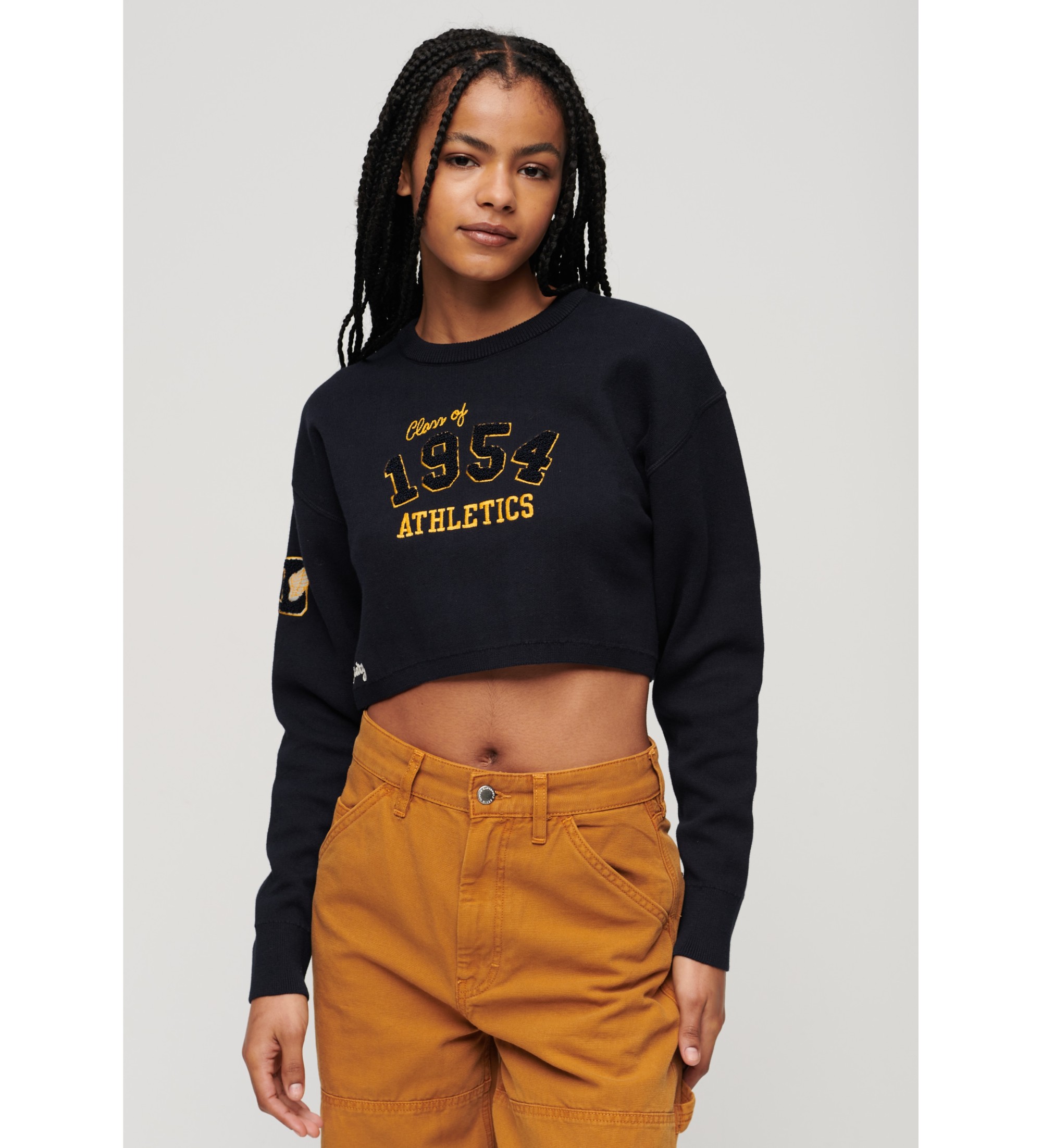 Superdry für Damen. W6110537A Varsity marineblau Rundhalsausschnitt kurzer Pullover (M), Lässig, Langarm, Bio-Baumwolle, Nachhaltig
