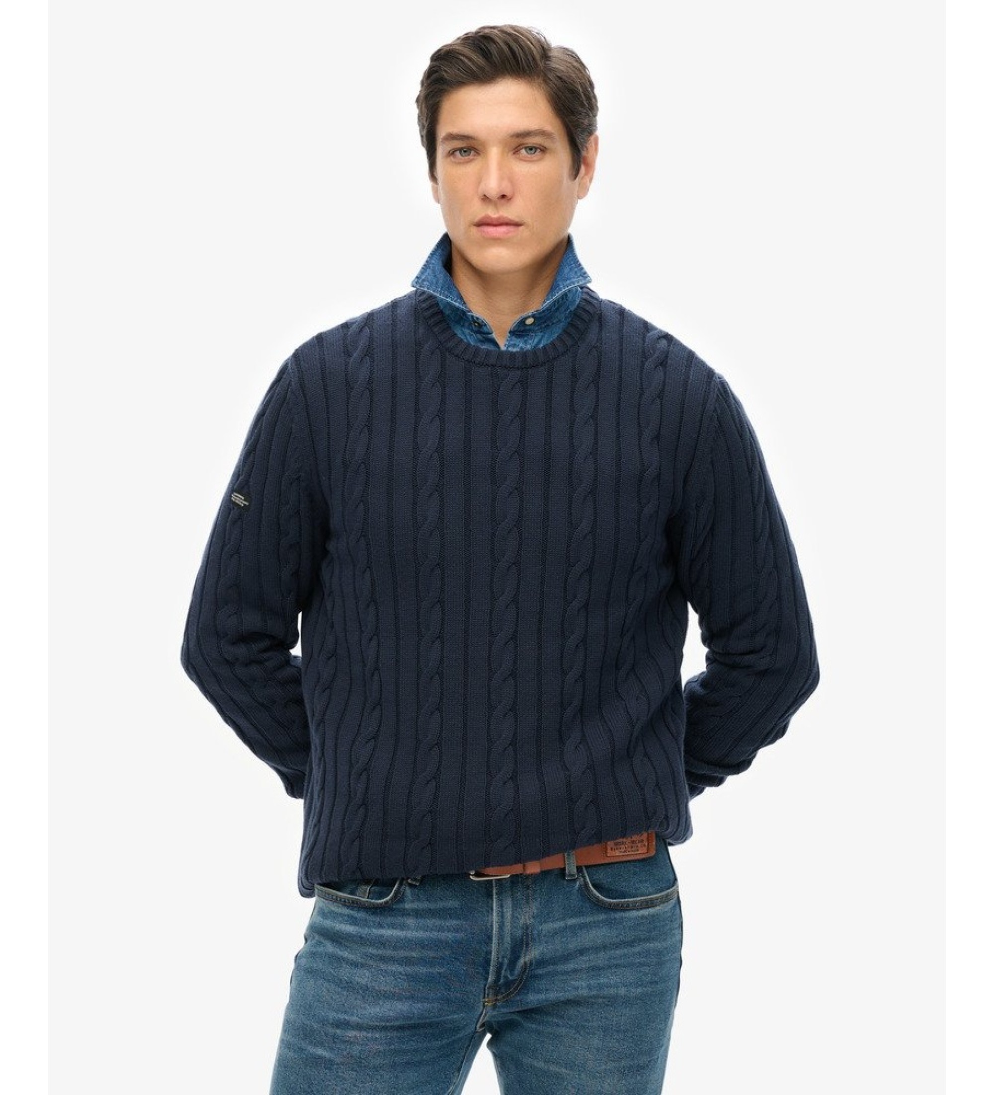 Superdry für Herren. M6110660A Marineblauer Pullover mit klassischem Zopfmuster (M), Lässig, Baumwolle