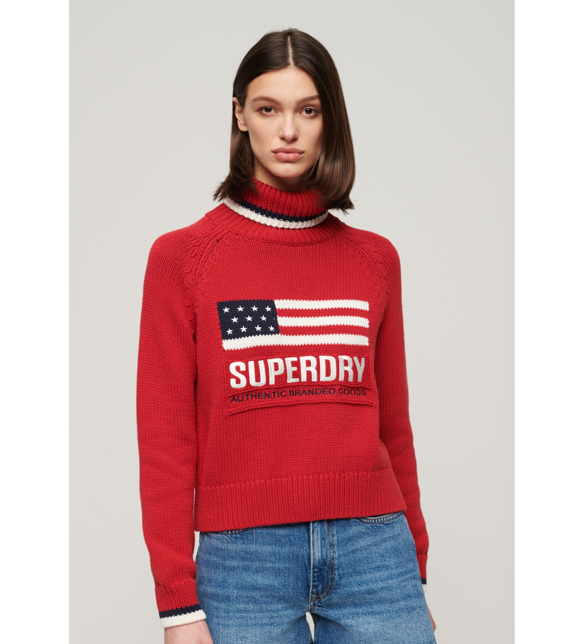 Superdry für Damen. W6110538A Strickpullover mit Umlegekragen Americana rot (M), Lässig, Baumwolle, Langarm