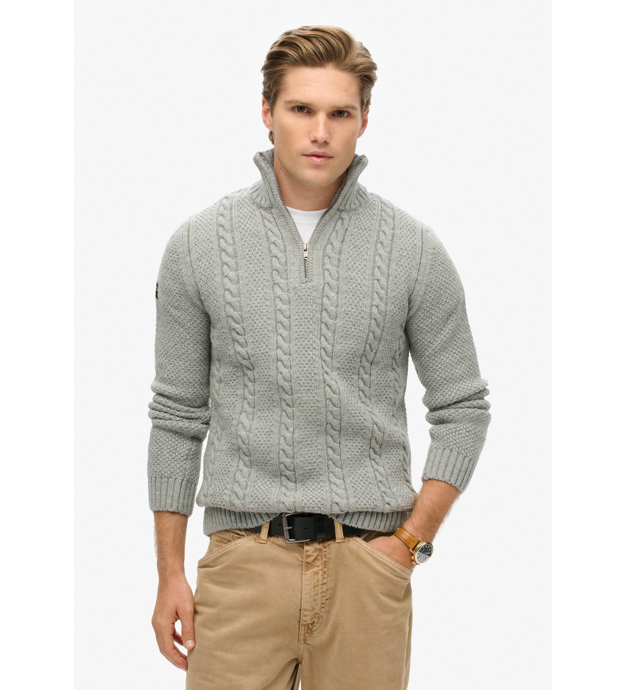 Superdry für Herren. M6110527A Vintage Jacob Grau geflochtene gestrickte Pullover mit halbem Reißverschluss mit halbem Reißverschluss (XL),