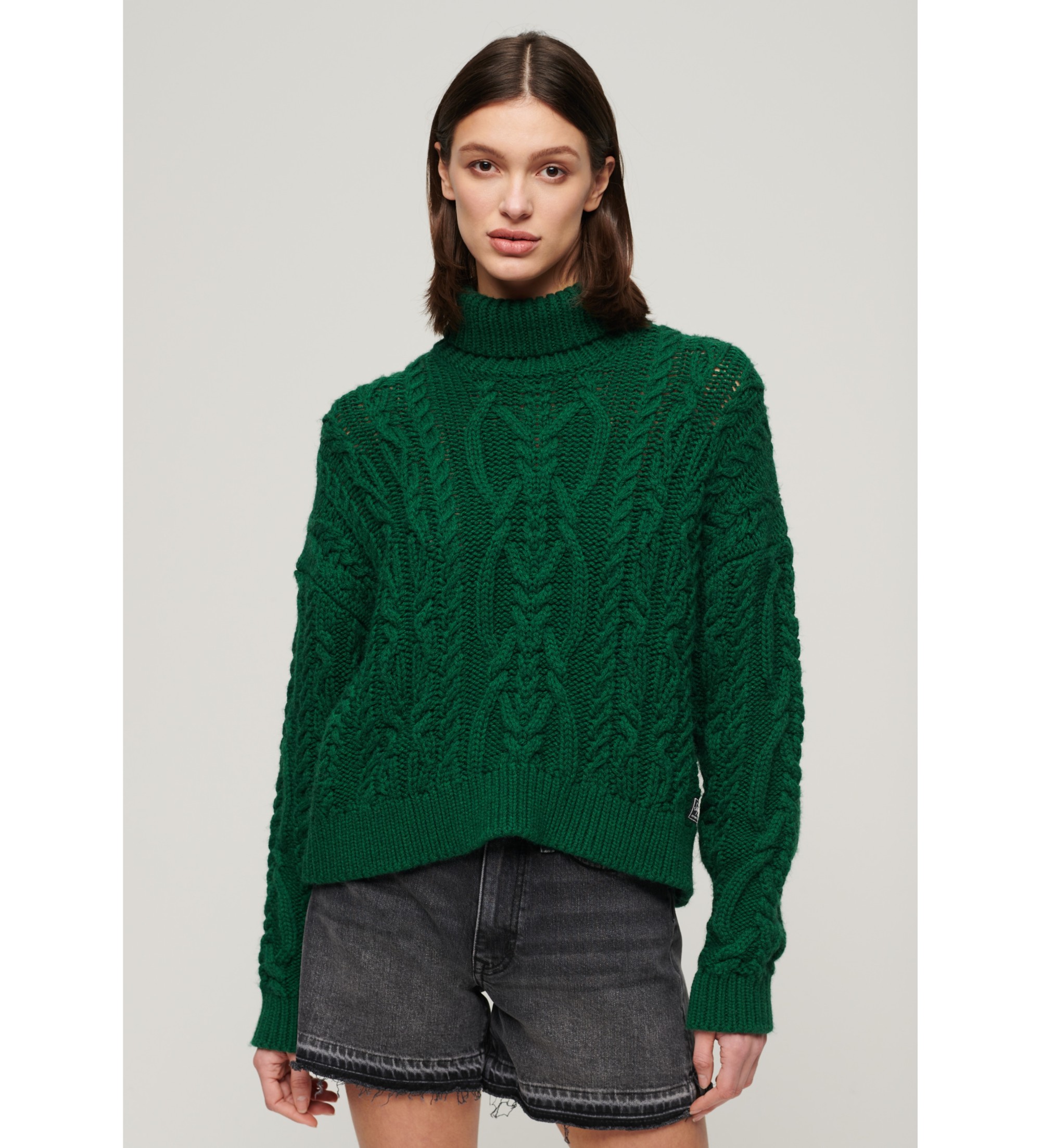 Superdry für Damen. W6110450A Geflochtener Strickpulli mit grünem Polokragen (L), Lässig, Acryl, Langarm
