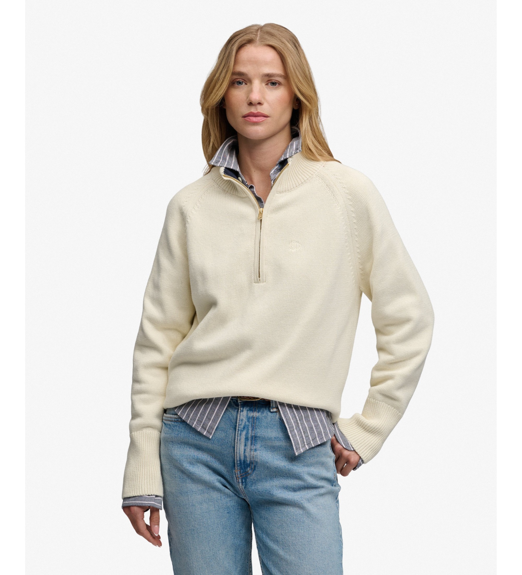 Superdry für Damen. W6110625A Beiger Pullover ?Classic? mit halbem Verschluss (L), Lässig, Baumwolle