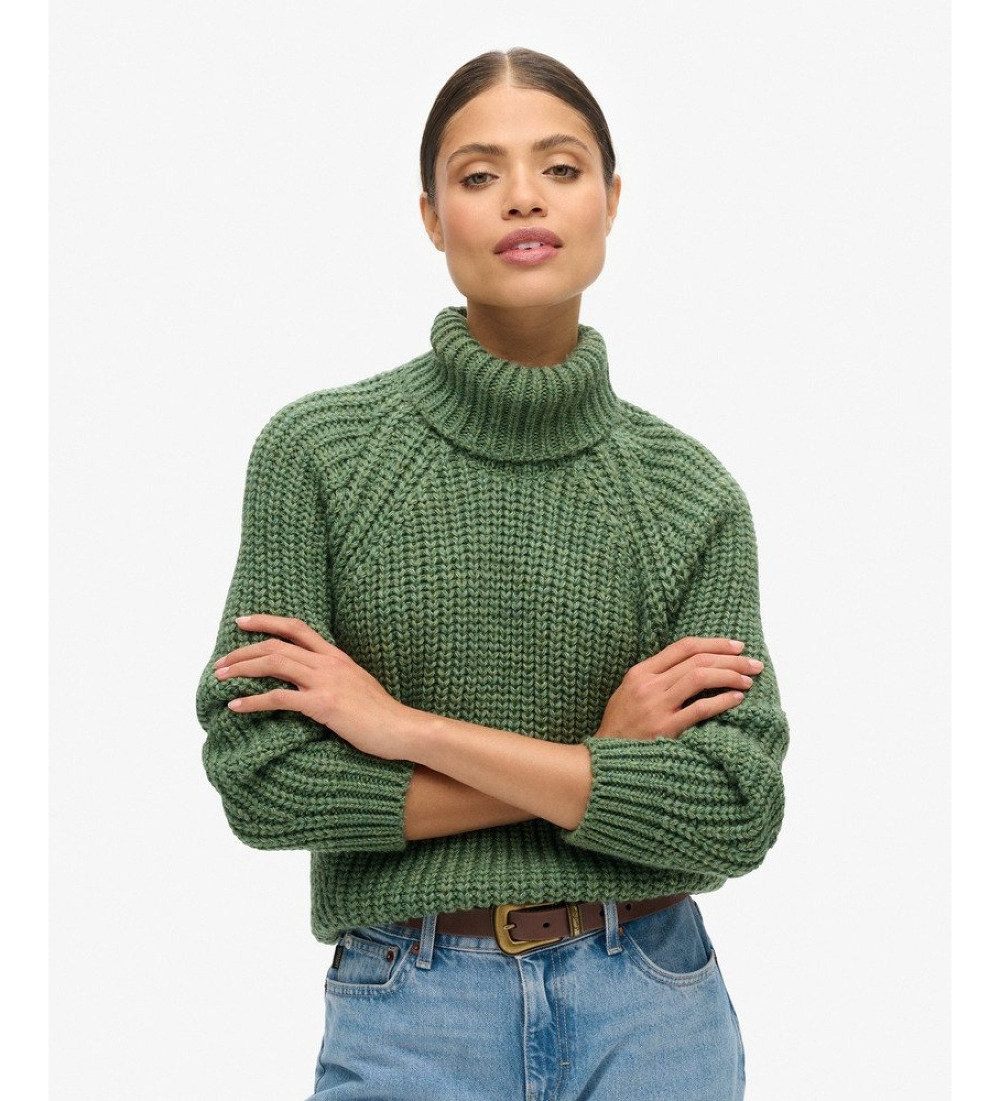 Superdry für Damen. W6110397A Grüner Pullover ?Slouchy Stitch Roll? (L), Lässig, Acryl, Langarm