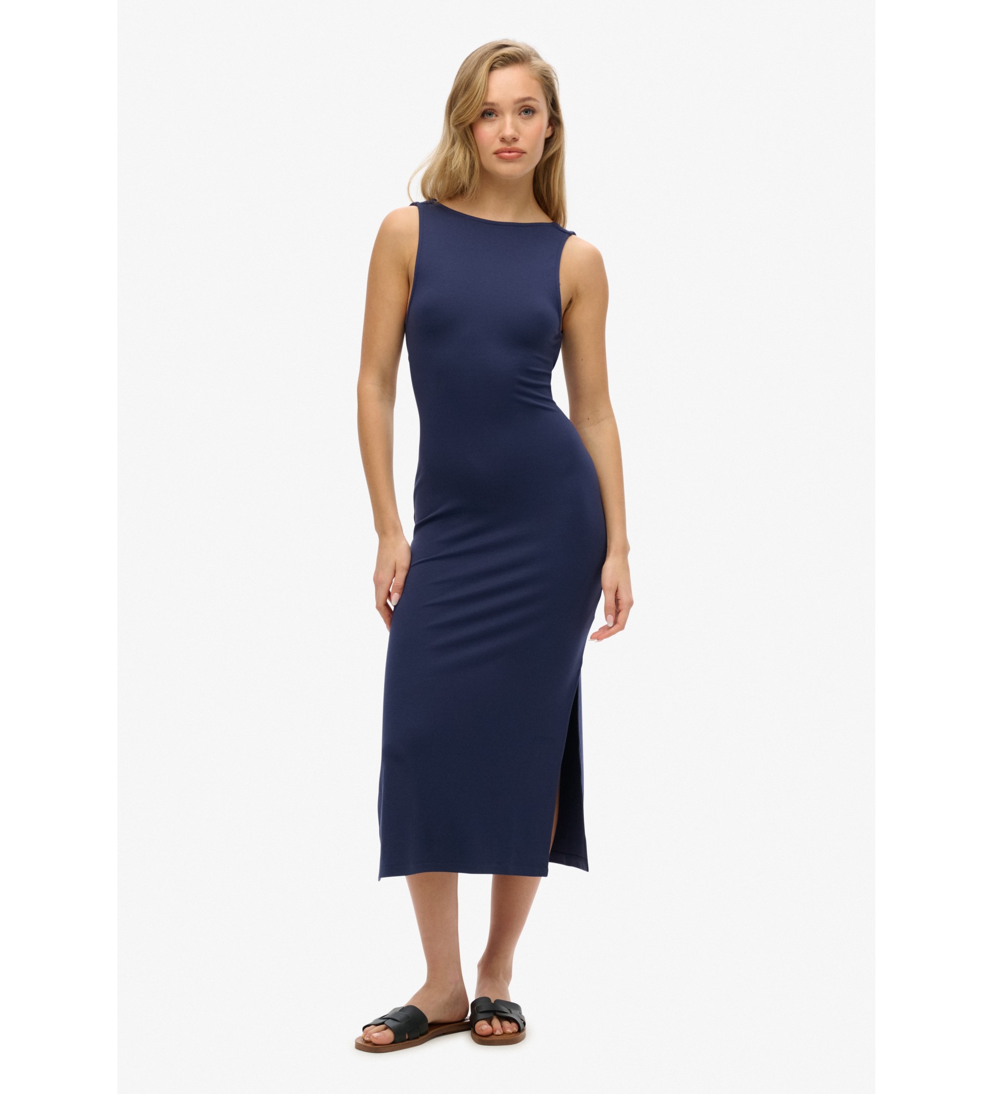 Superdry für Damen. W8011951A Midikleid mit geflochtenem Rücken aus navyfarbenem Jersey (XL), Lässig, Baumwolle, Ärmellos / Hosenträger, Mar